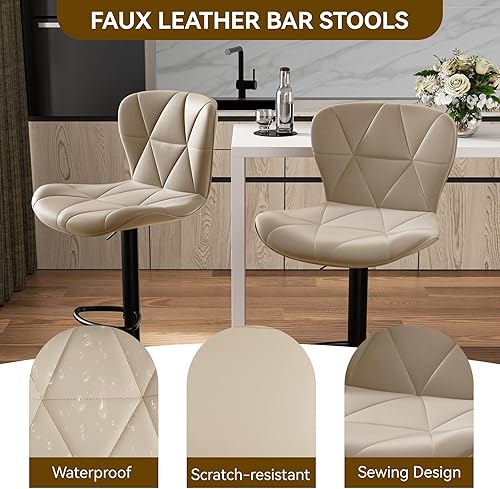 Miniatura 3 de Juego de 2 taburetes de bar modernos, taburetes giratorios tapizados de piel sintética ajustables, taburetes de bar con respaldo para isla de