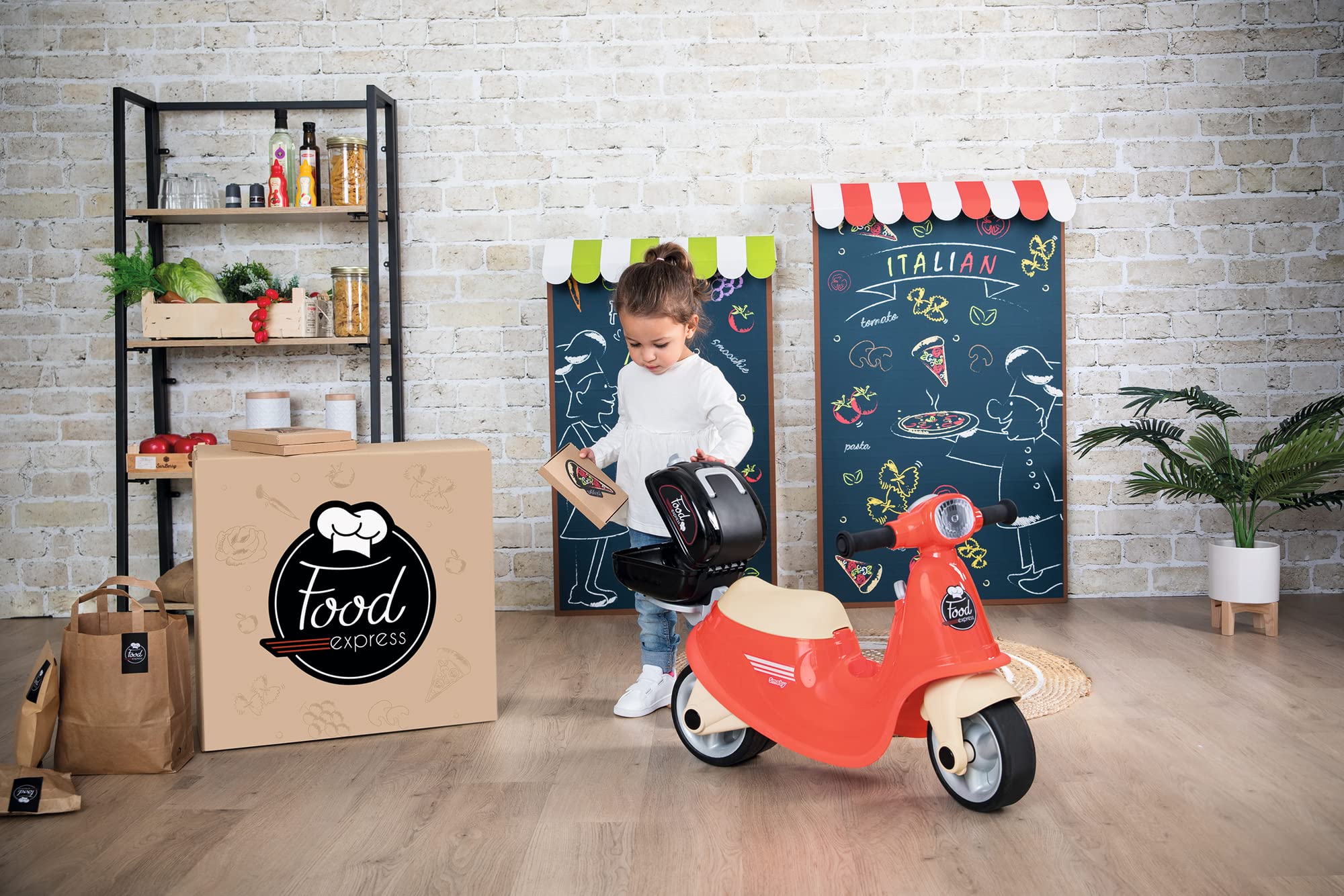 Smoby - Porteur Scooter Food Express - Rouge - Roues Silencieuses - Porte-Bagage - Mallette Amovible - Coffre à Jouets, Phare, Clé Mécanique - Dès 18 Mois
