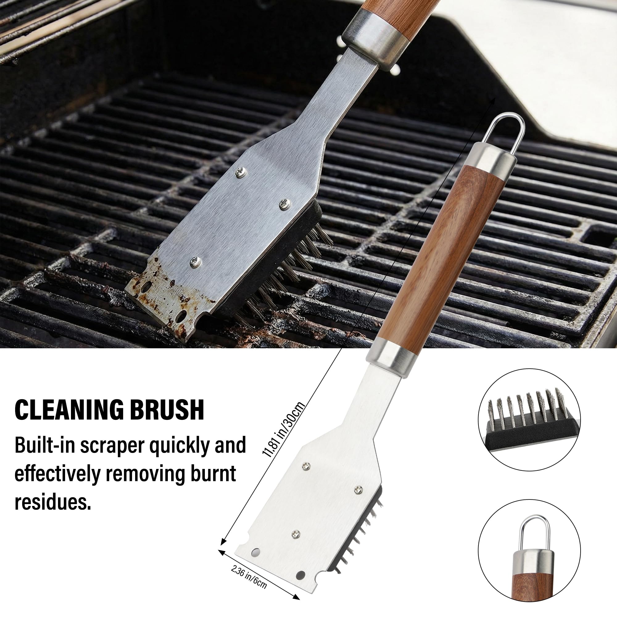 Yekale Juego de herramientas resistentes para parrilla de barbacoa con espátula extra gruesa de acero inoxidable, tenedor, pinzas y cepillo de limpieza, kit completo de accesorios para barbacoa
