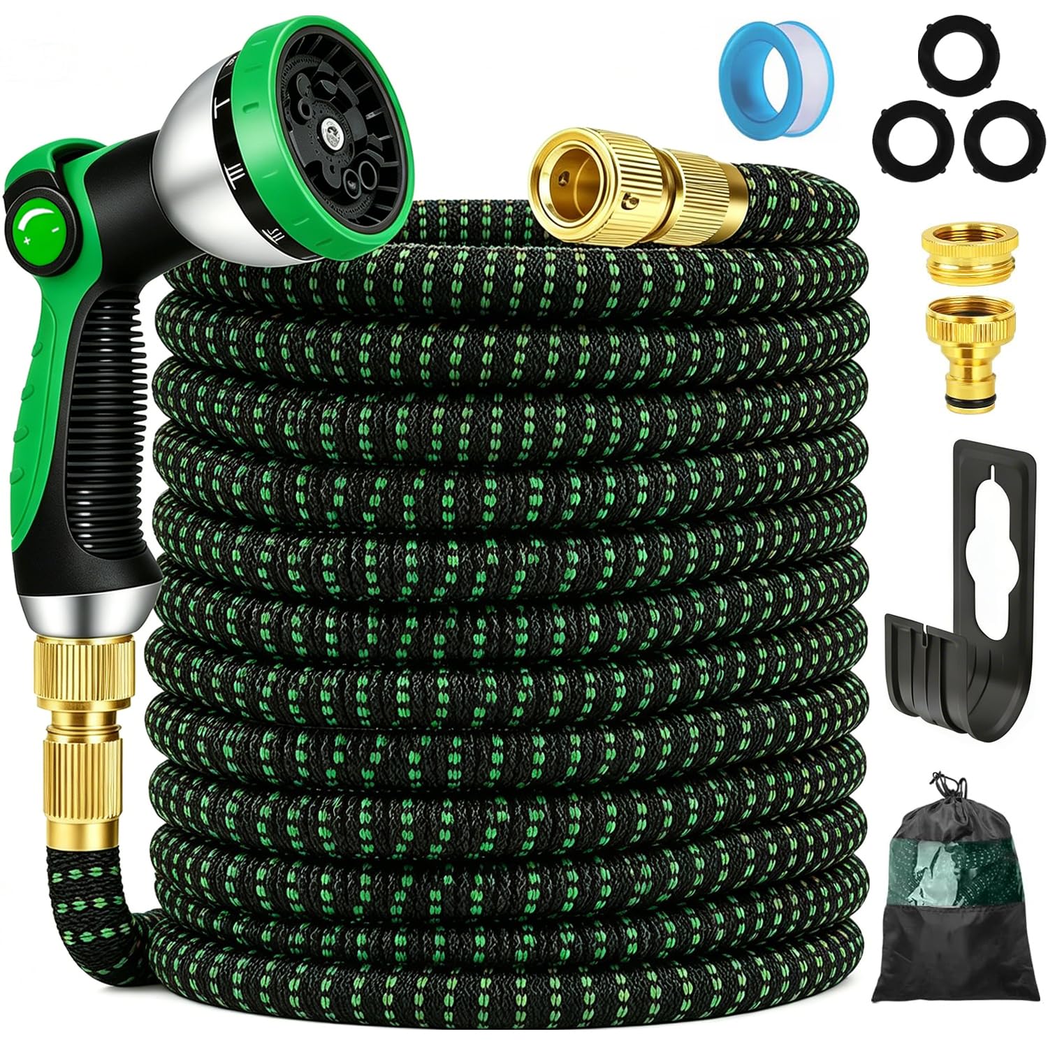 NIUCNIU Expandable Garden Hose Pipe 125FT/37.5M, 10-Pattern Spray Nozzle, Brass Fittings 1/2" & 3/4", Durable 3750D Fabric, 4-Layer Latex Core, Hose Pipe for Gardening, Car Cleaning, Black&Green