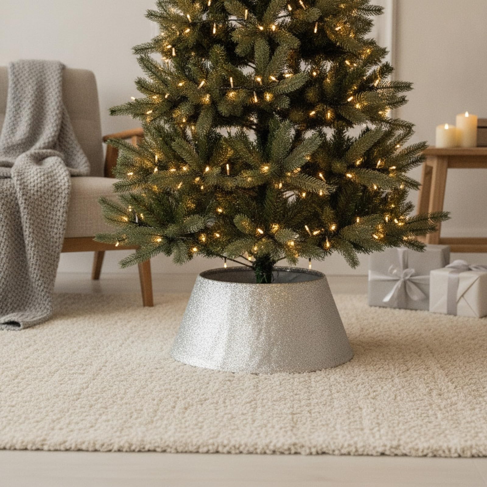 Tappeto sotto l’Albero di Natale | Finitura Glitterata Scintillante, Decorativo, Anello Gonna per Albero di Natale, Vetrine, Argento