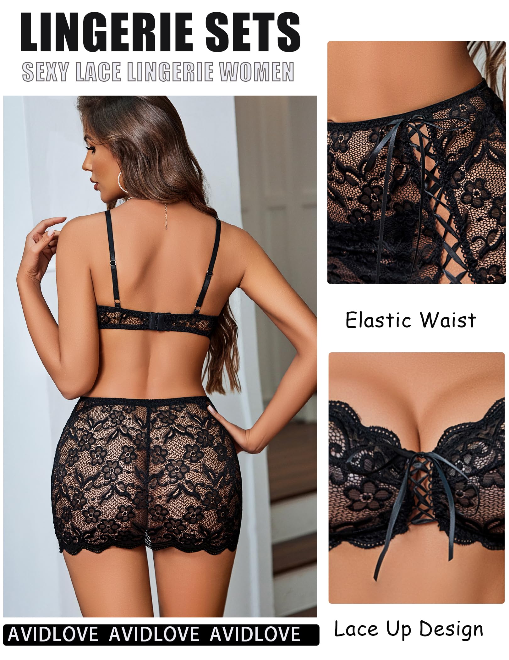 Avidlove Women Lingerie Sets 3 Piece Lace Bralette Mini Skirt With G-String Sexy Lingerie Outfits Babydoll Bodysuits: Large Black