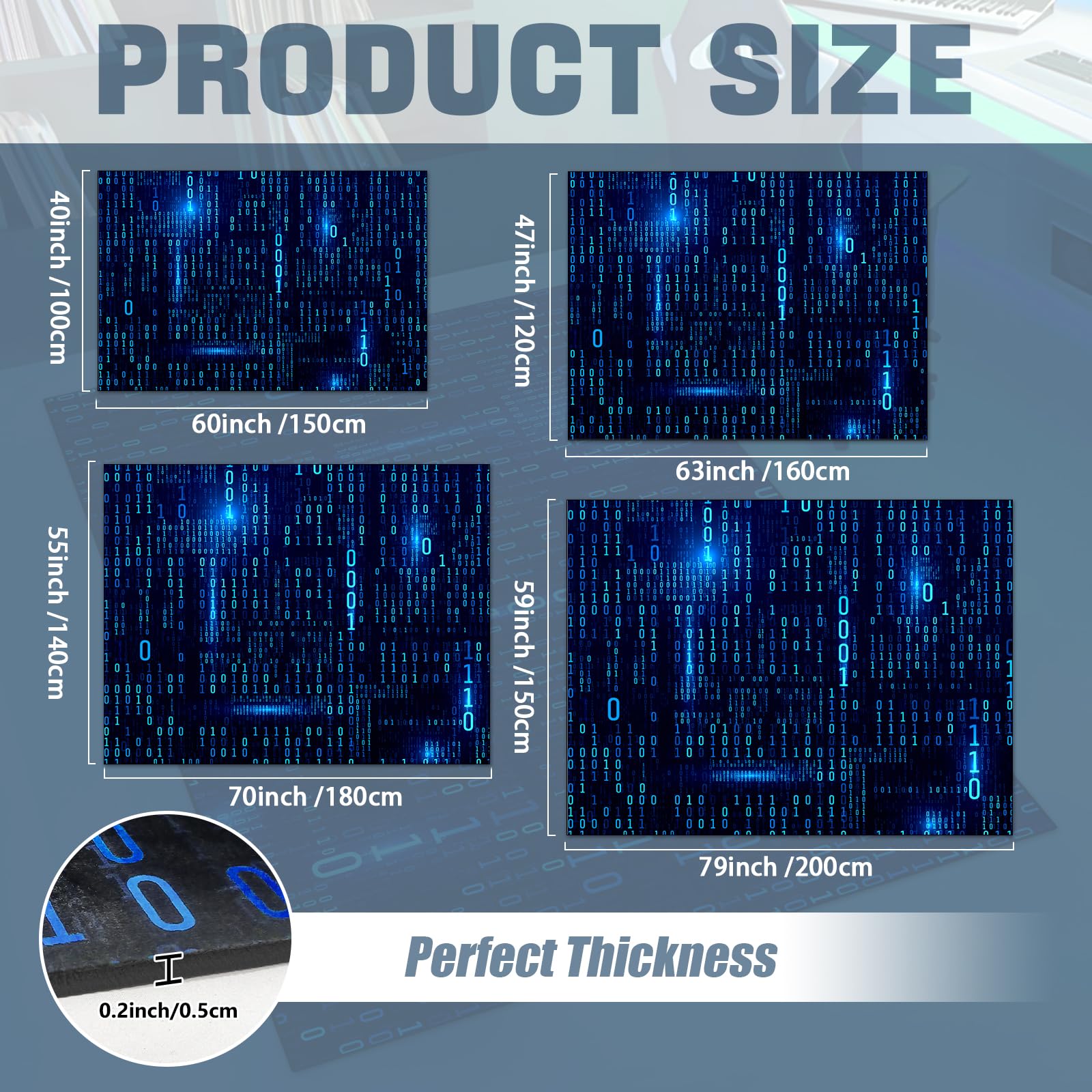 Washable Game Area Rug, Binary Code Design Gaming Programmer Teen Carpet Rug Doormat, Non-Slip Low-Pile Floor Carpet for Computer Bedroom Indoor Front Entrance Living Room Office (60" x 40"): Blue Binary Code Area Rug 3'11" x 5'3" (Rectangular)