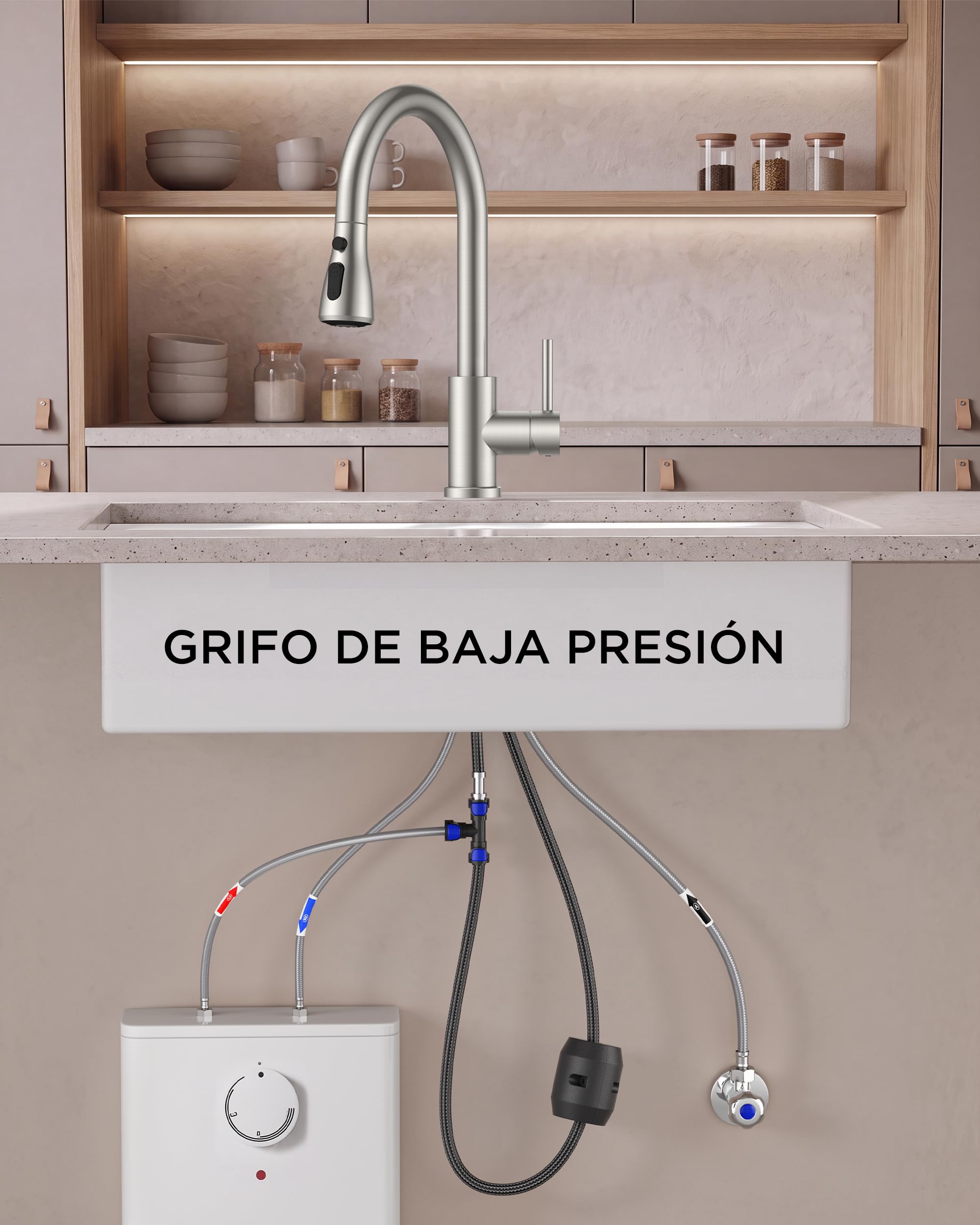 FORIOUS Grifo Cocina Extraíble Baja Presión, 2 Modos de Agua, Grifo Cocina Fregadero con 3 Conexiones para Calentador o Bajo Fregadero, Giro 360°, Acero Inoxidable, Palanca