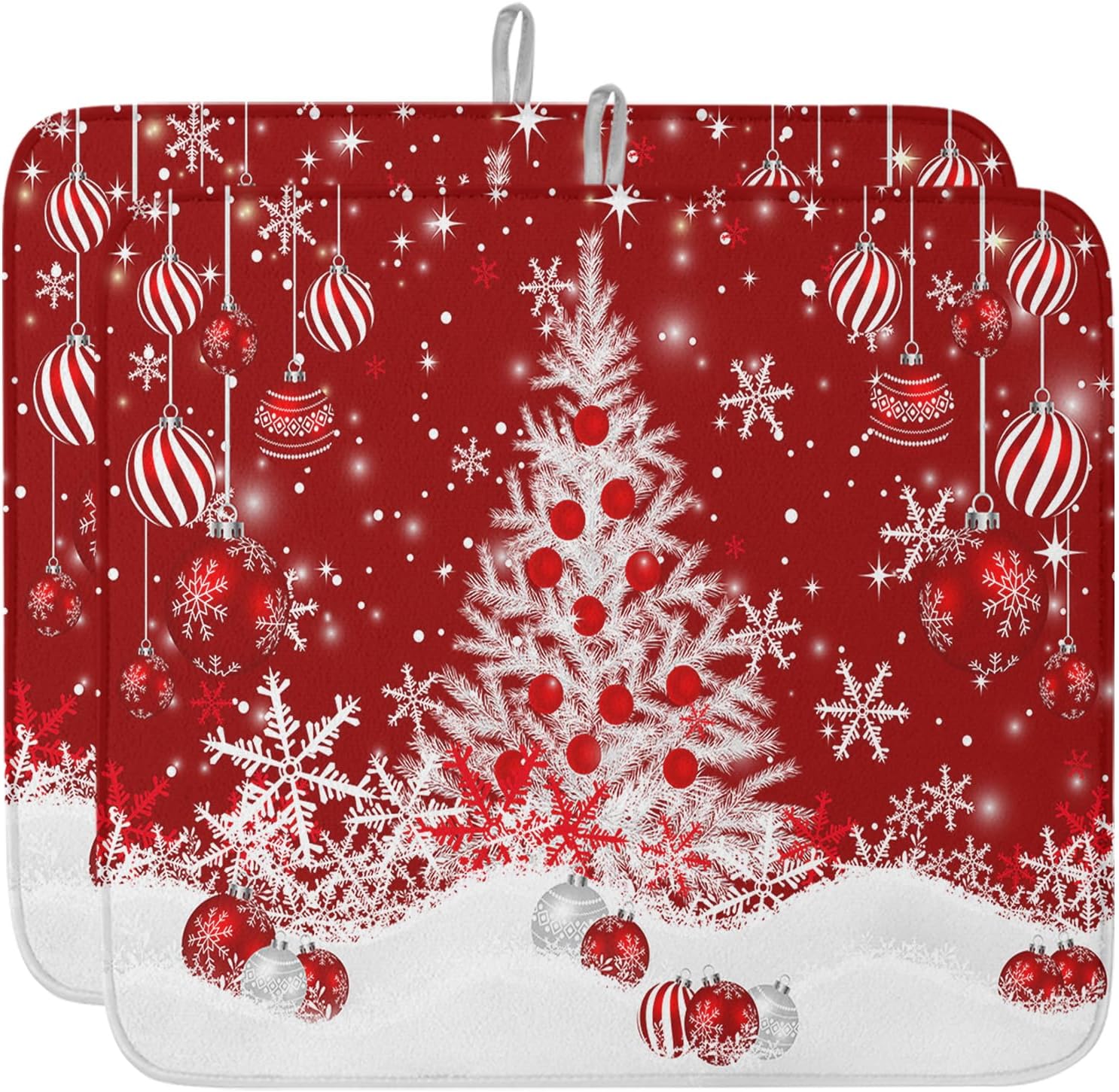 Christmas Tree Dish Drying Mat for Kitchen Counter Red Christmas Balls Drying Pad Absorbent Drying Mats for Countertops Sinks Draining Racks Snowflake Drainer Xmas Holiday Decorations 18x24 Inch