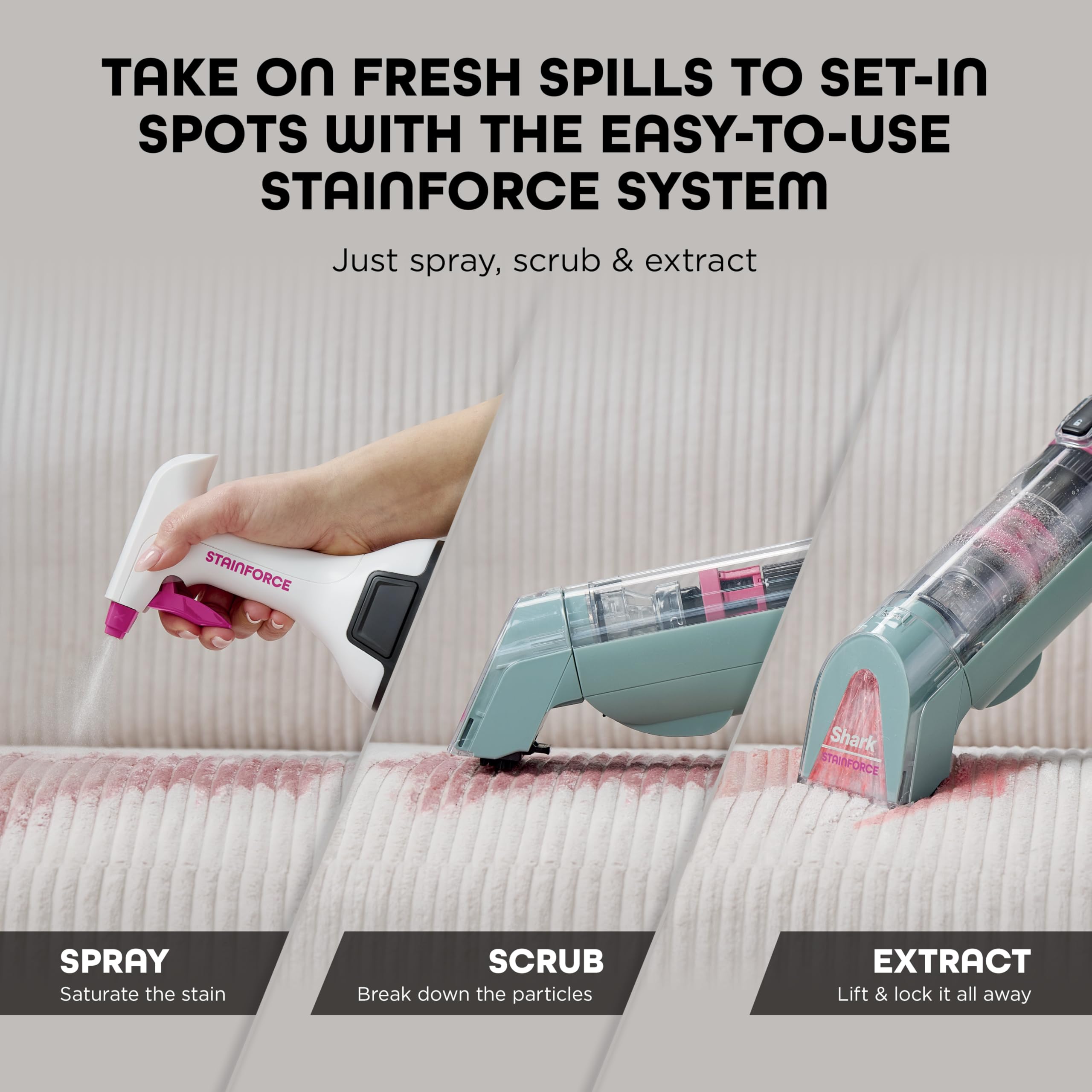 Shark StainForce Cordless Portable Spot, Stain, & Odor Remover System for Carpets, Area Rugs, Upholstery, Stairs, with Storage Caddy, Accessories, and Full-Size Cleaning Solution, HX101 (New) - 5