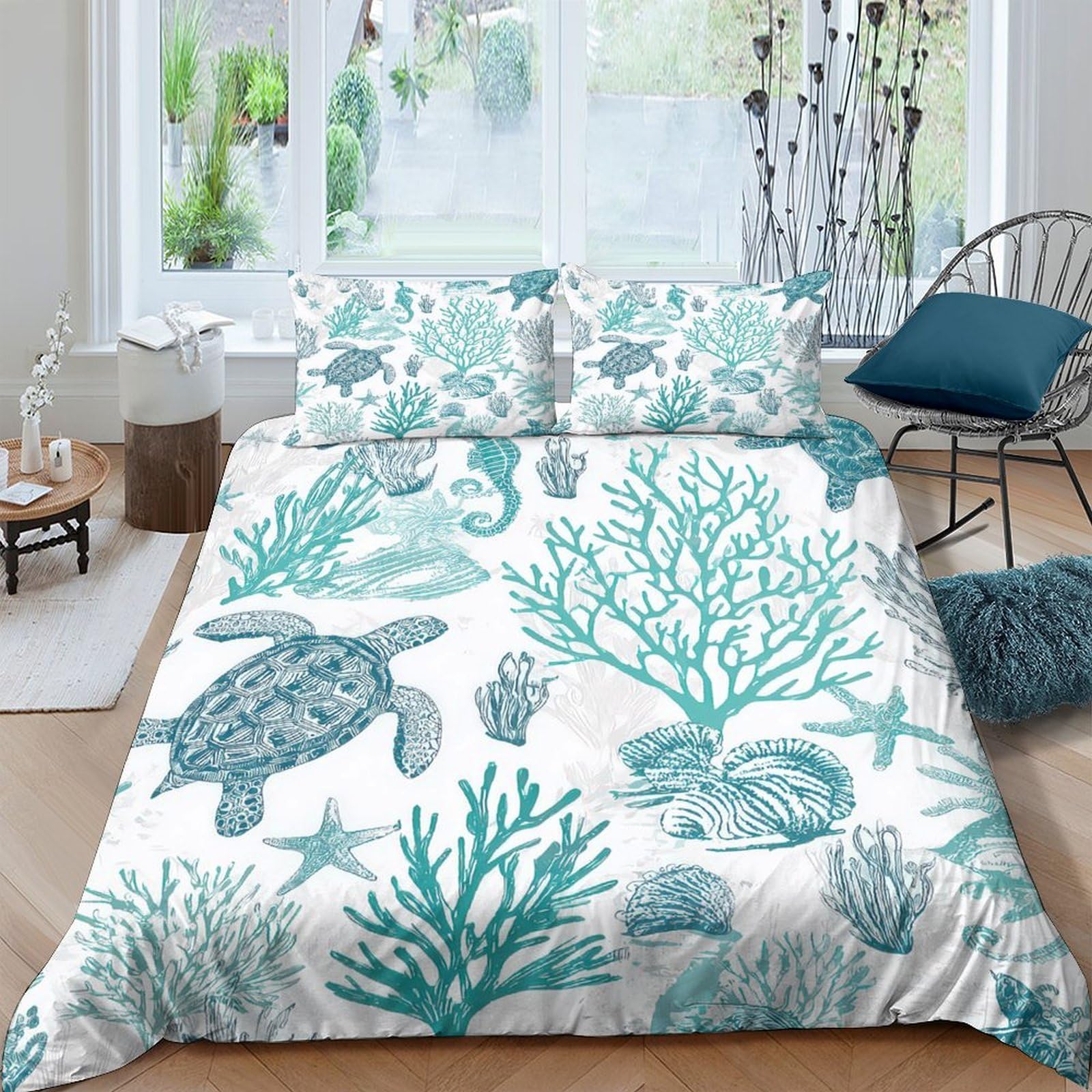 TUFRTGYHN 3D Printed Sea Turtle Coral Duvet Cover Set Microfiber Soft Breathable Ocean Shell Bedding with 2 Pillowcases for Bedroom Decor 120x220cm Single（135x200cm）