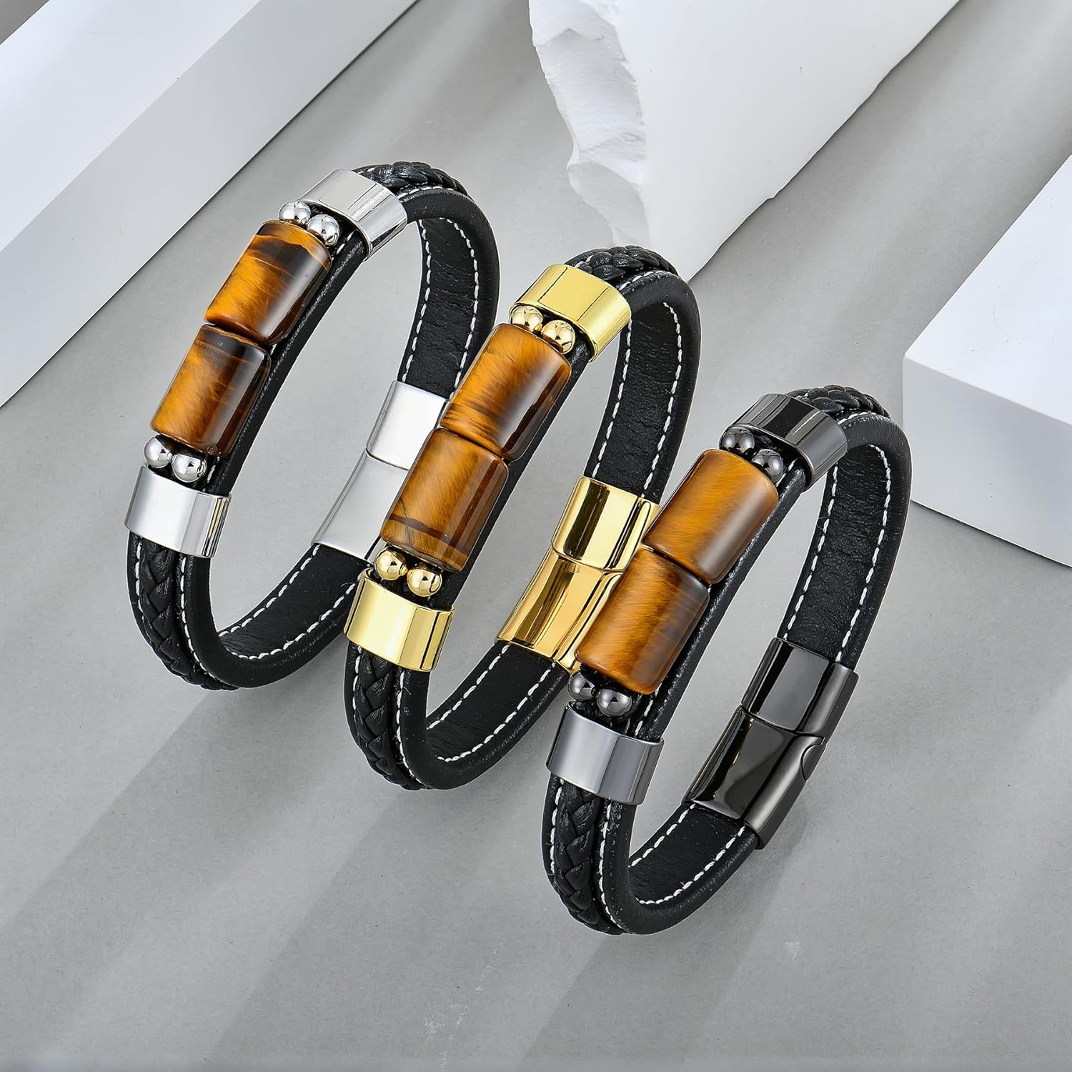 STARCHENIE Multi Strand Bracelet for Men Square Authentic Tiger Eye Black Braided Leather Mens Bracelet and Stainless Steel Buckle