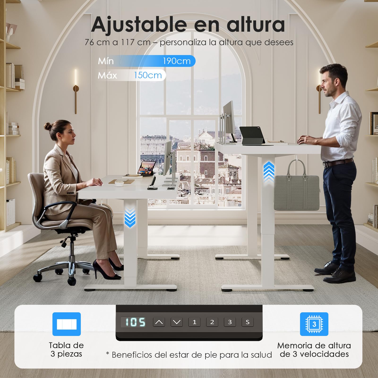 OffiGo Escritorio Regulable en Altura 180 x 70 cm, Tablero de 35 mm, Escritorio Eléctrico con Toma de Corriente, Standing Desk con Patas en T Estables, Ergonomía Oficina, Gaming, Blanco