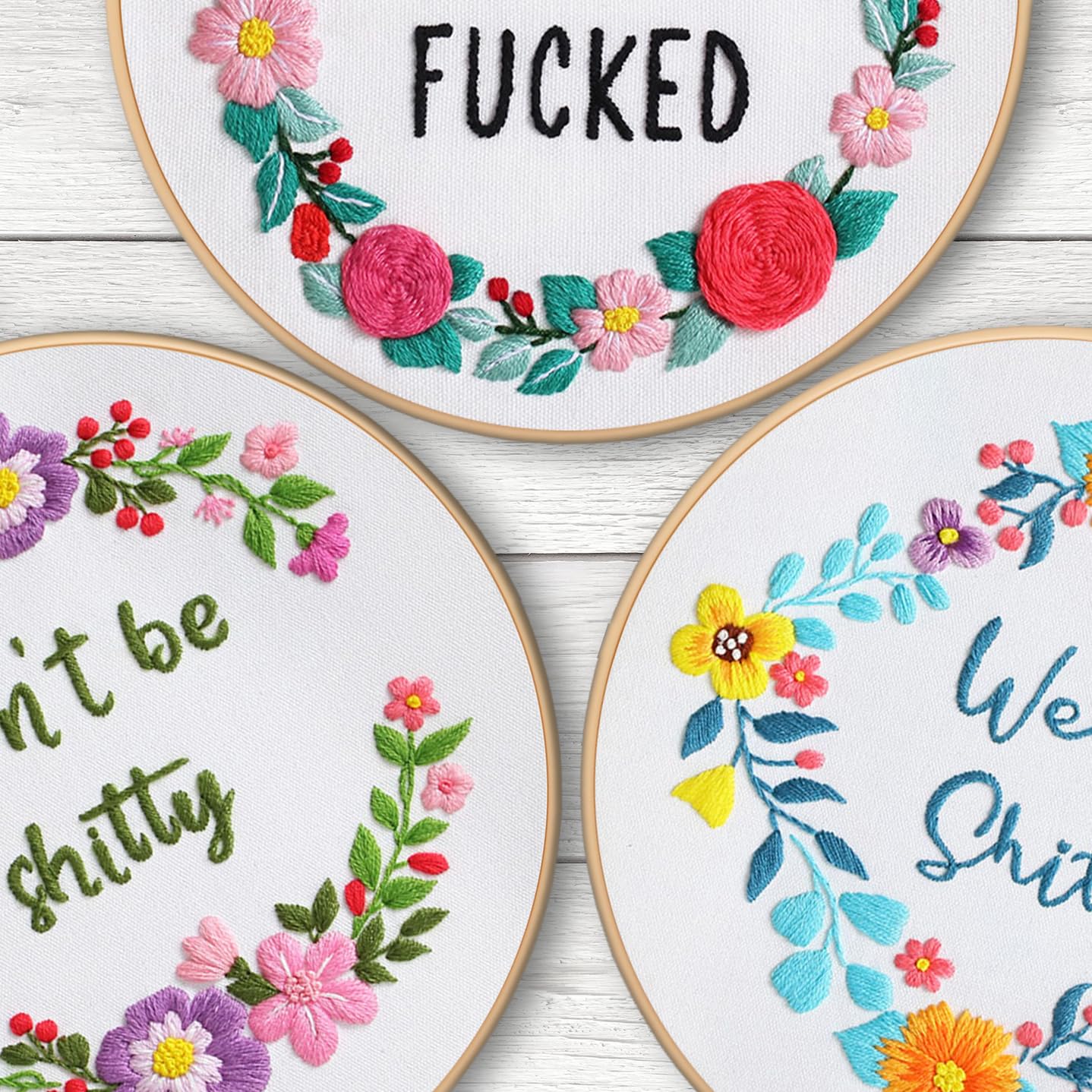 Louise Maelys 3 juegos divertidos de bordado para principiantes, kit de punto de cruz para adultos, punto de aguja con patrón de corona de flores, incluye instrucciones e hilos