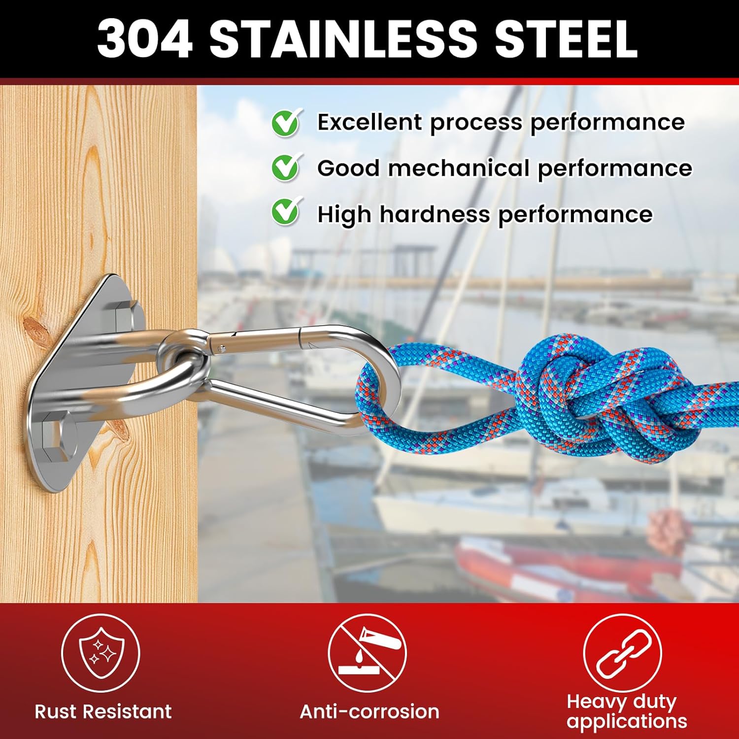 sprookber 304 Stainless Steel Pad Eye Snap Hooks, M10 Heavy Duty Ceiling Hooks, 1700lb Capacity Hammock Swing Hanging kit, Plant Hangers, Marine Hardware Staple Hook Loop with Screws, Set of 8