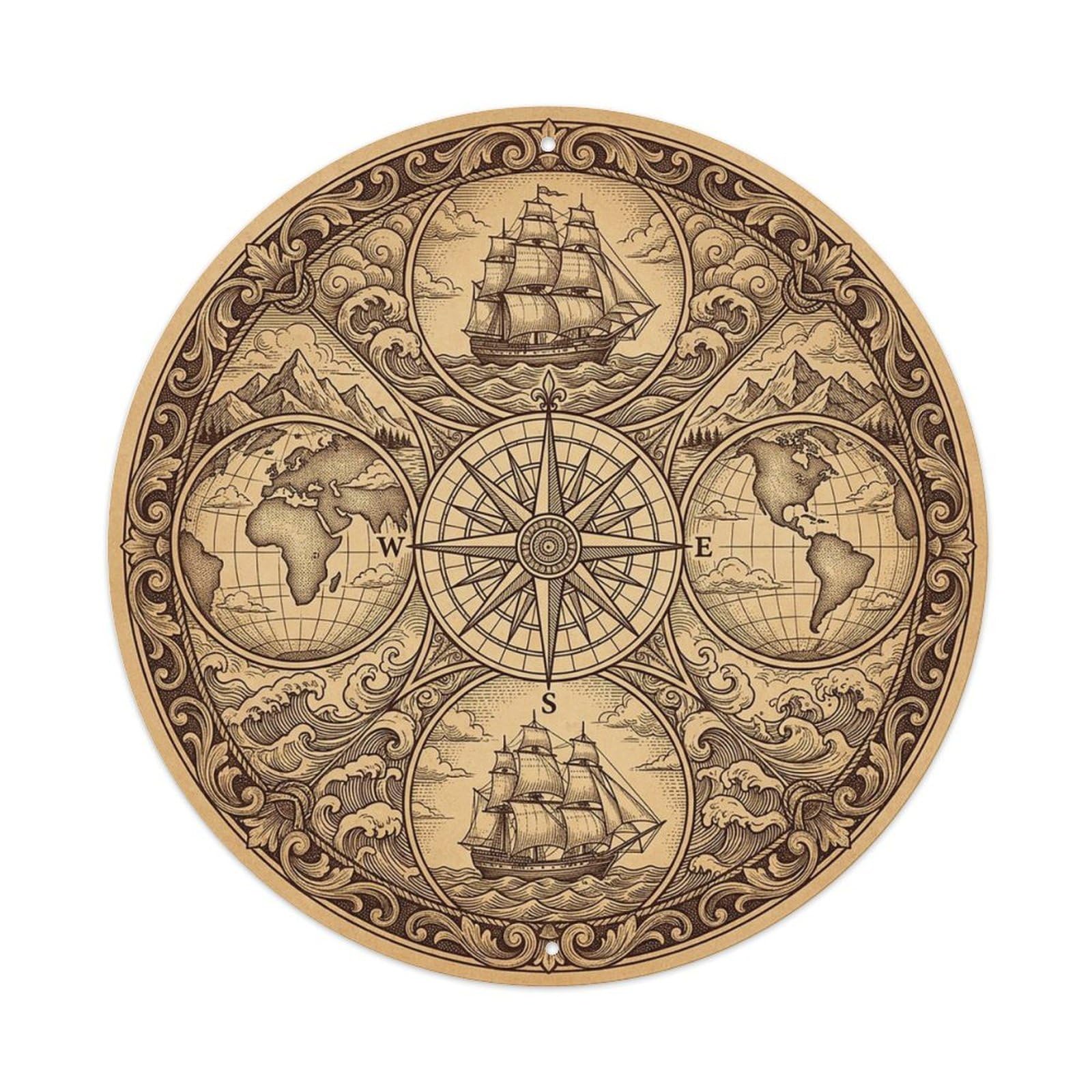 Vintage Nautical Compass World Map Voyage Chronicle Metal Tin Sign
