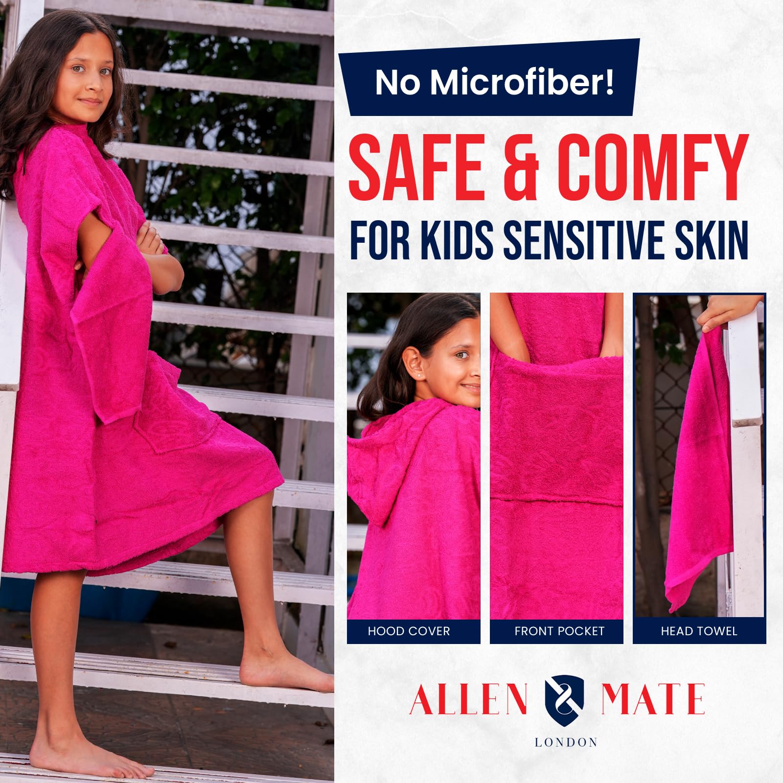 ALLEN & MATE Asciugamano Poncho con Cappuccio per Bambini, Accappatoio per Fasciatoio in Cotone Premium per Spiaggia, Nuoto, Surf, Bagno, Sport Acquatici