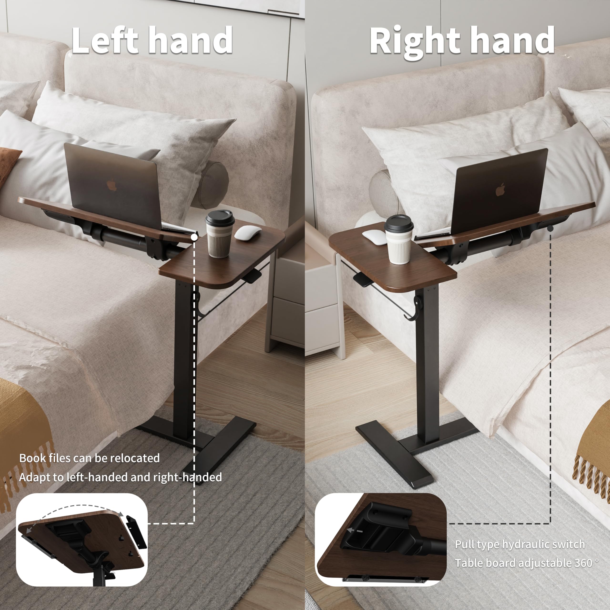 ETHU Stolik pod laptopa z regulacją wysokości, wielofunkcyjny stolik pomocniczy z uchylnym blatem roboczym i wpuszczanymi kółkami, mobilny stolik do łóżka, ergonomiczny stolik stojący do biura i domu