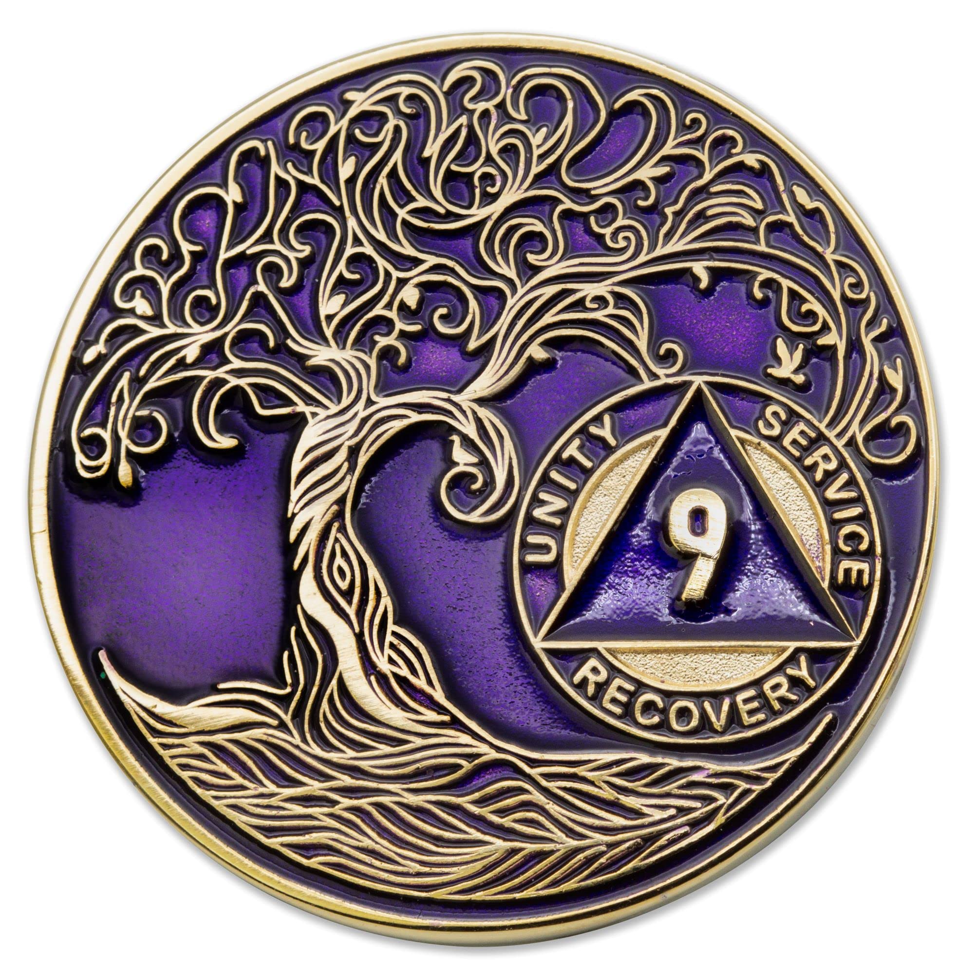 1 to 50 Year Twisted Tree of Life Sobriety Coin - Gold Plated AA Chips &amp; Medallions - 9 Year Sobriety Coin - Purple
