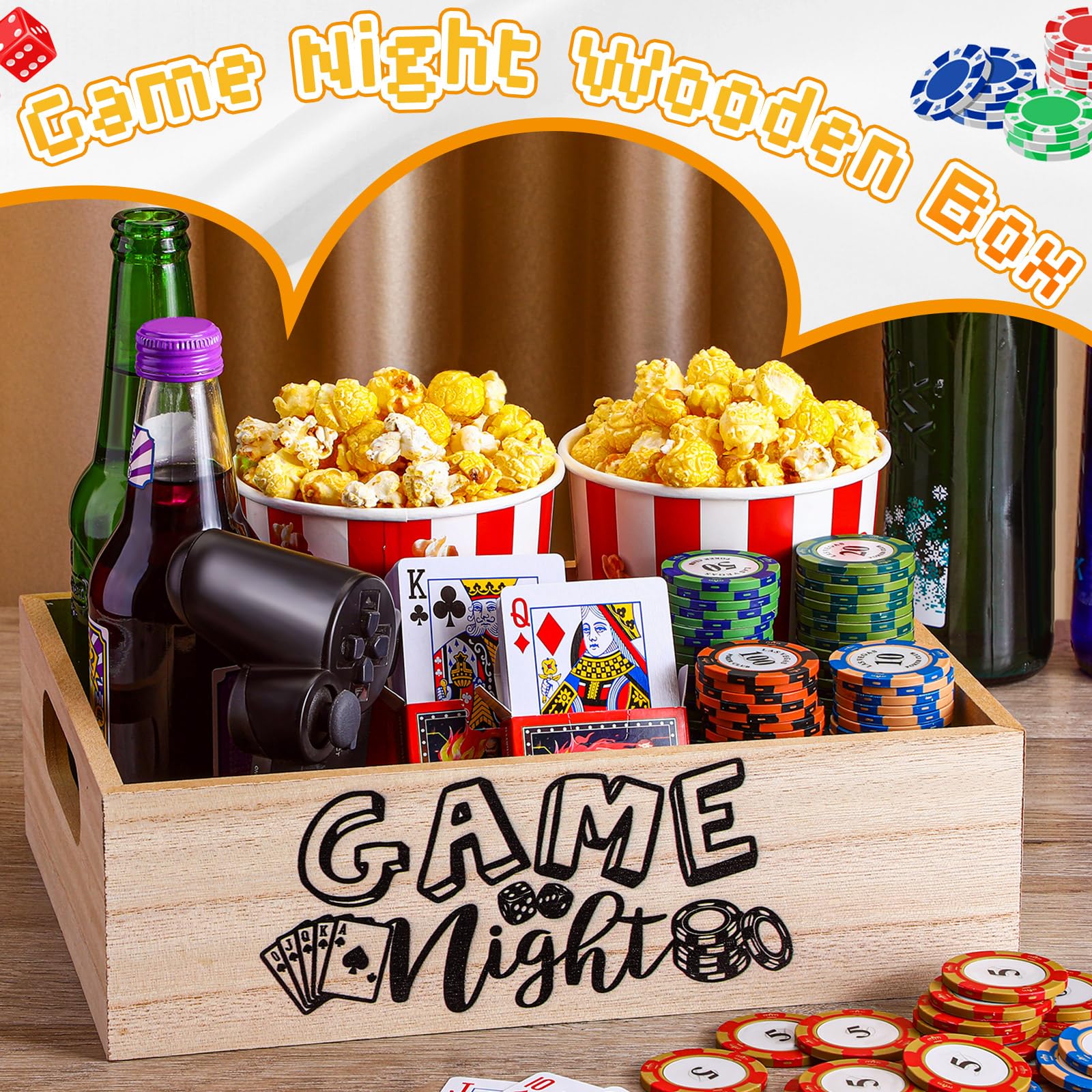 Suministros de noche de cine, bandejas de aperitivos con asas, canasta de regalo de madera reutilizable para teatro, palomitas de maíz, cuenco, contenedor, decoración de habitación familiar (noche de