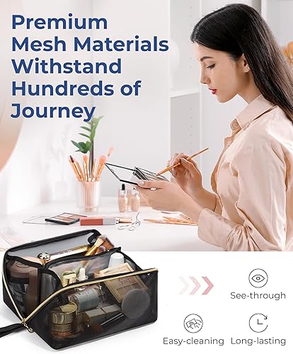Miniatura 4 de BAGSMART Bolsa de maquillaje de viaje, bolsa de maquillaje grande para mujeres, bolsas de maquillaje de malla, bolsa portátil de artículos de viaje,