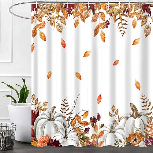 Fall Pumpkins Maple Leaf Shower Curtain, Autumn Leaves Harvest Thanksgiving Farmhouse Watercolor Seasonal Bathroom Curtain Sets, Waterproof Fabric Polyester with Hooks, 72x72 White