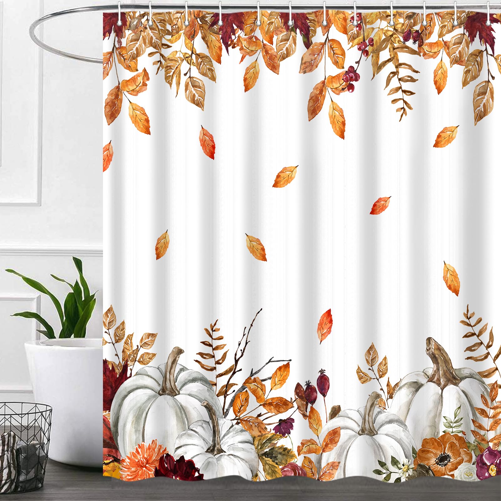 iTapnoom Fall Pumpkins Maple Leaf Shower Curtain, Autumn Leaves Harvest Thanksgiving Farmhouse Watercolor Seasonal Bathroom Curtain Sets, Waterproof Fabric Polyester with Hooks, 72x72 White