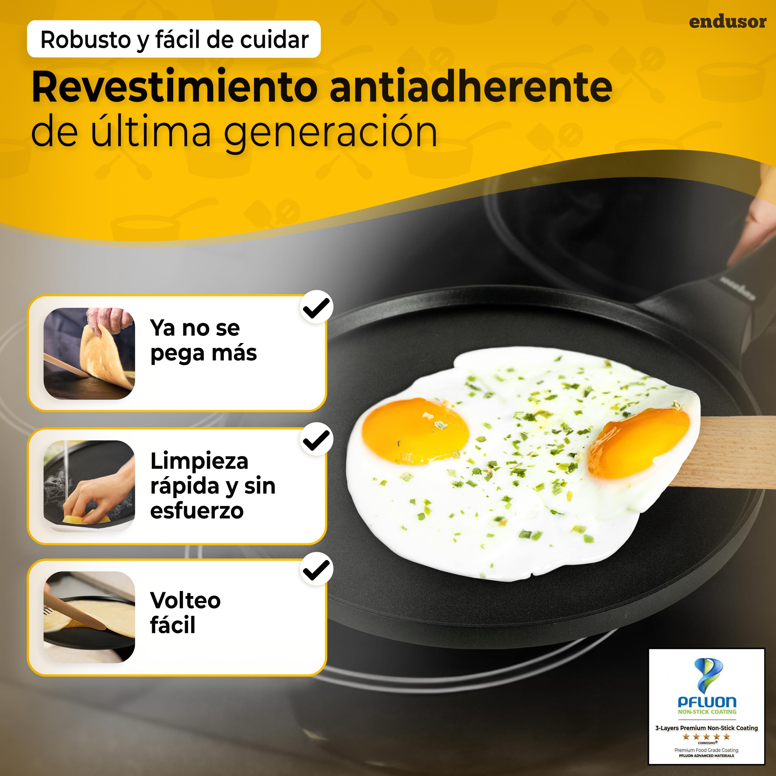 endusor Sarten Crepes Induccion 26cm con 3 capas de antiadherente + espatula y esparcidor de madera de haya alemana - Sartén para crepes apta para TODAS las cocinas - Crepera sarten sin PFOA + PFOS