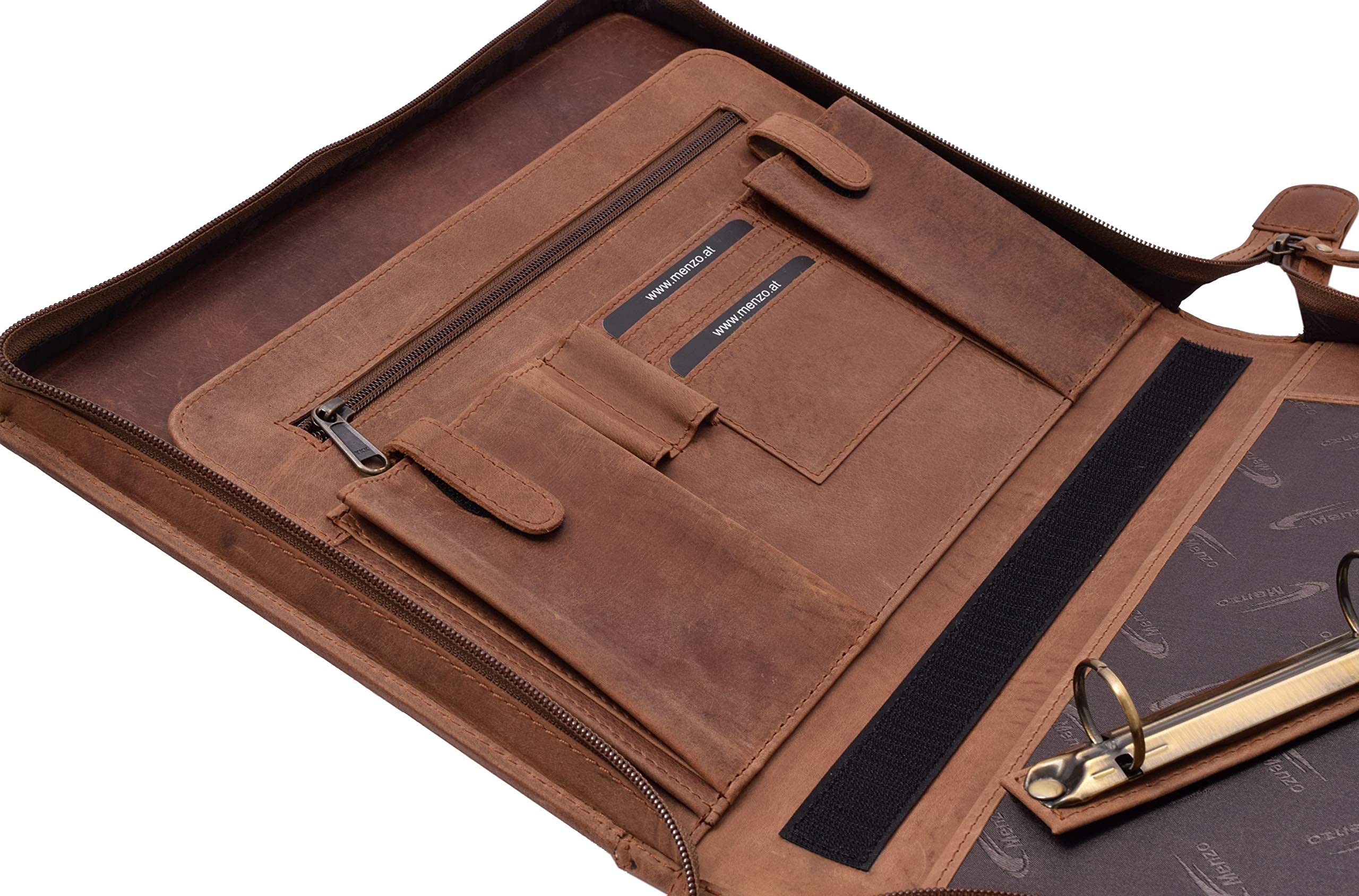 MENZO Lederschreibmappe, Dokumentenmappe, echtes Büffelleder Ledermappe, Schreibmappe, Businessmappe, Messenger bag, Mappe für Ringeinlagen, Konferenzmappe, Ledermappe, (braun/dunkelbraun)