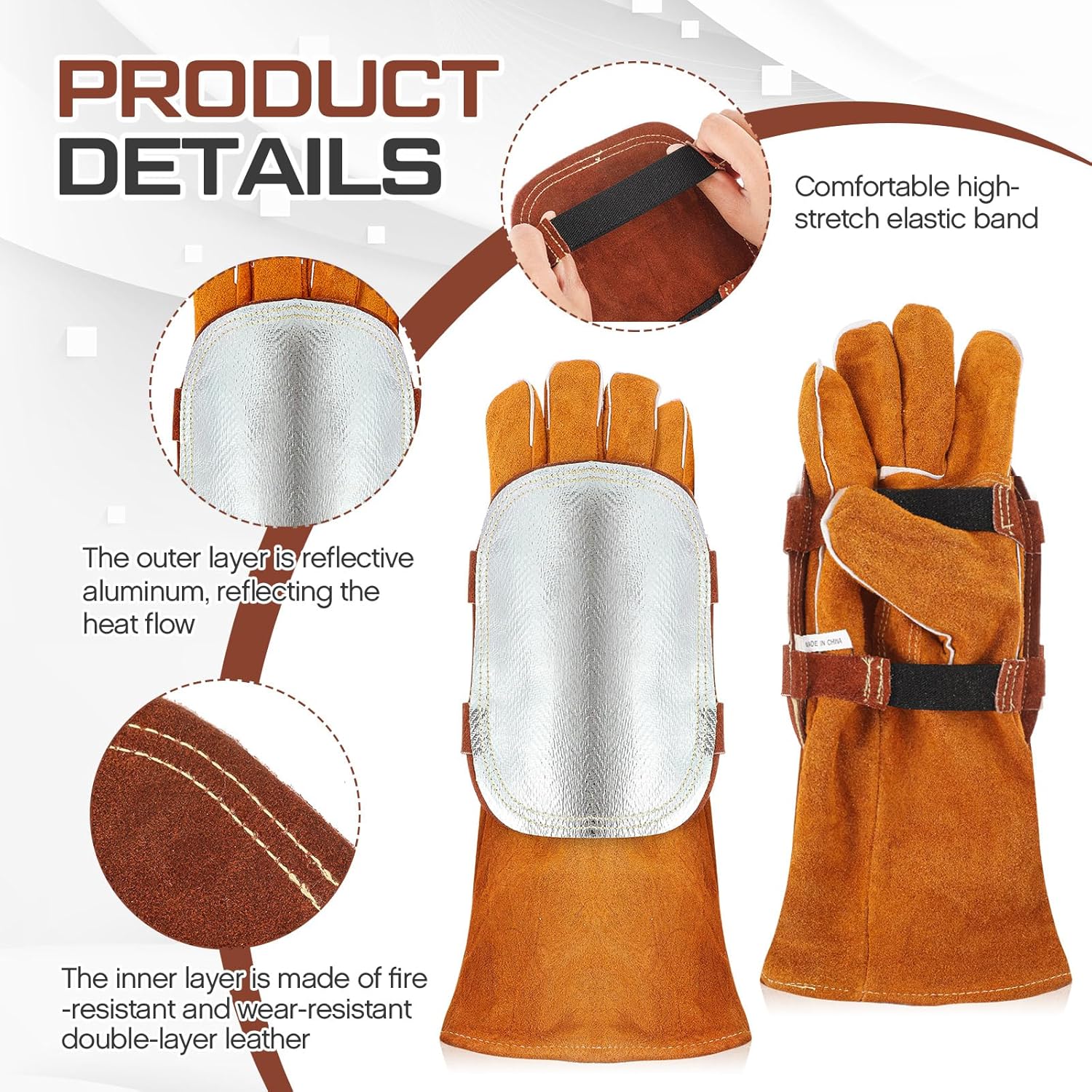 Shyyween Hand Heat Shield, Welding Hand Pad, Aluminized Back Guard Flux Reflective Leather Gloves for Industrial Cutting