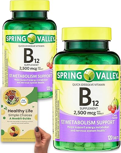 Spring Valley - Tabletas de vitamina B12 de disolución rápida, 2,500 Mcg, 120 unidades (paquete de 2), suministro de 8 meses, sabor natural a