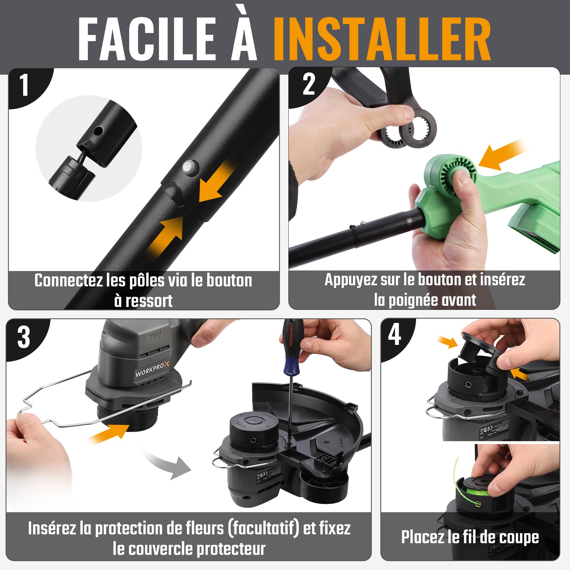 WORKPROX Coupe Bordures sans Fil 20V avec Batterie 4,0Ah | Tête Pivotante à 90°, Tondeuse Coupe-Bordures 2-en-1 Outil de Jardin, Largeur de 30 cm, 2 x 5 m de Fil Nylon