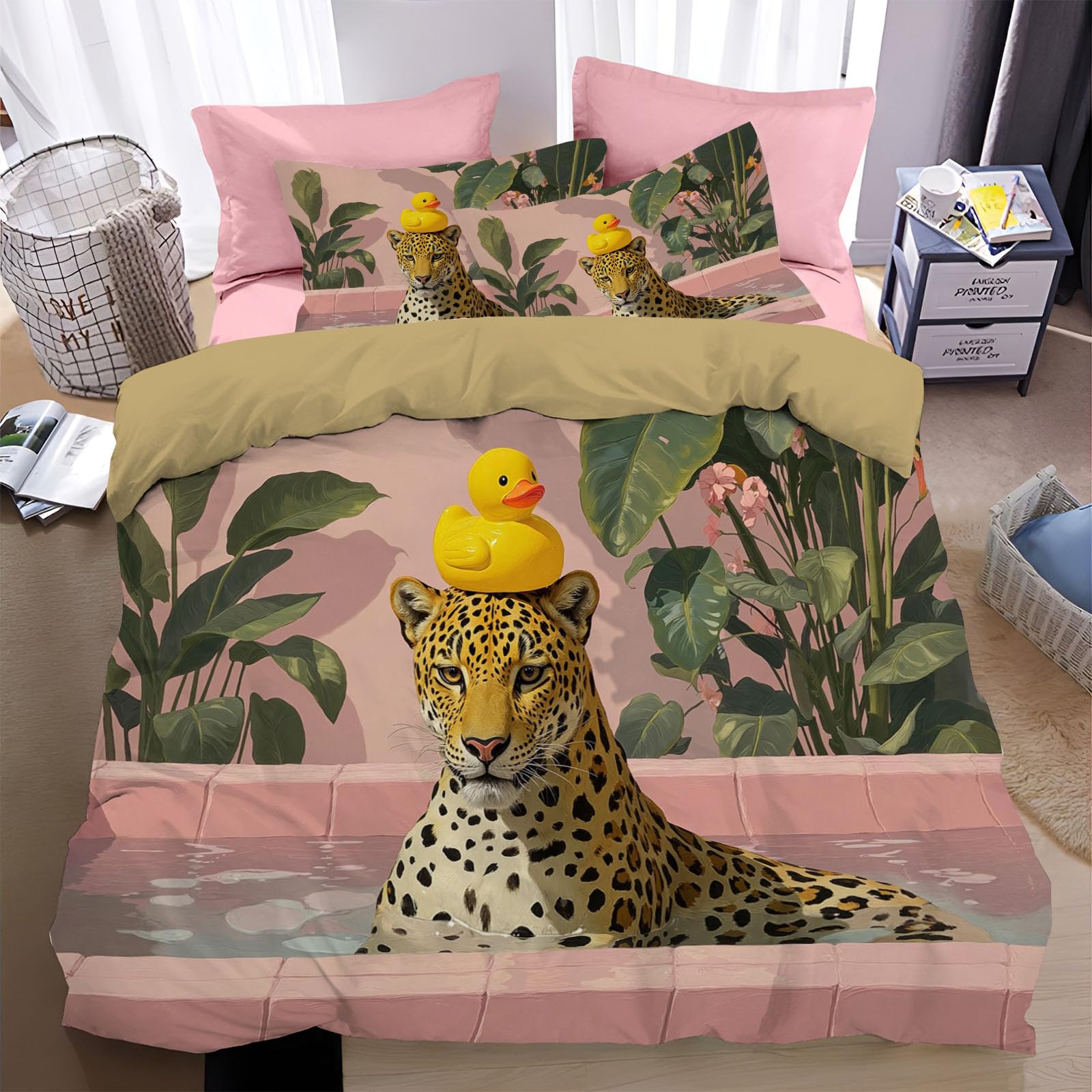 Housse de couette 220x240cm léopard jaune en microfibre avec 2 taies d'oreiller