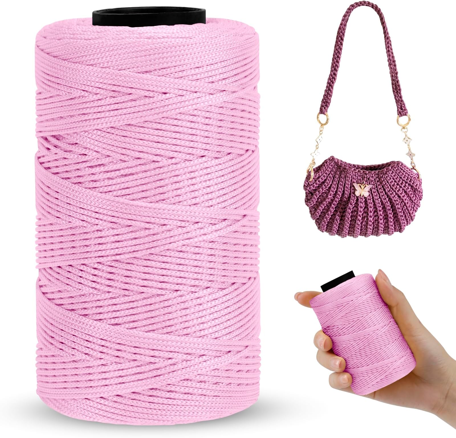 Polyester Macrame Cord 1mm x 230m, Polyester Yarn for Crocheting, Braided Polypropylene Crochet Bag Cord Macrame Yarn for Handbag, Beading, DIY Crafts (Light Pink)