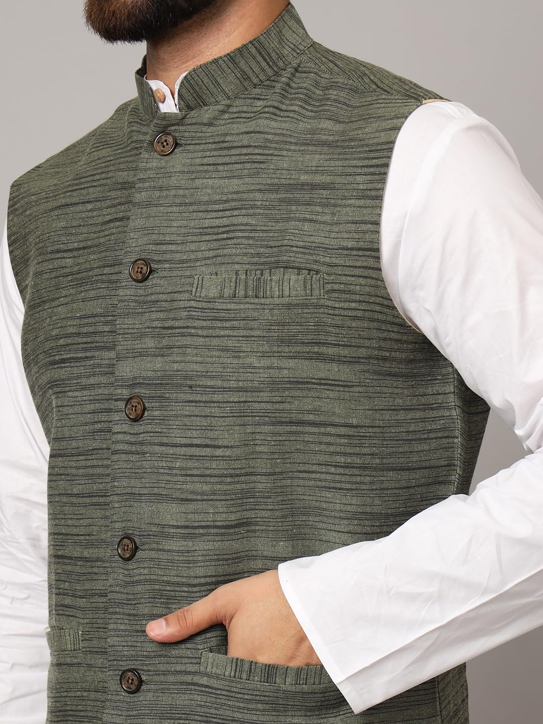 LATEST CHIKAN Men's Nehru Jacket/Waistcoat Sophisticated Ethnic Wear - SADRI-DK-GR-44 - Image 6 thumbnail