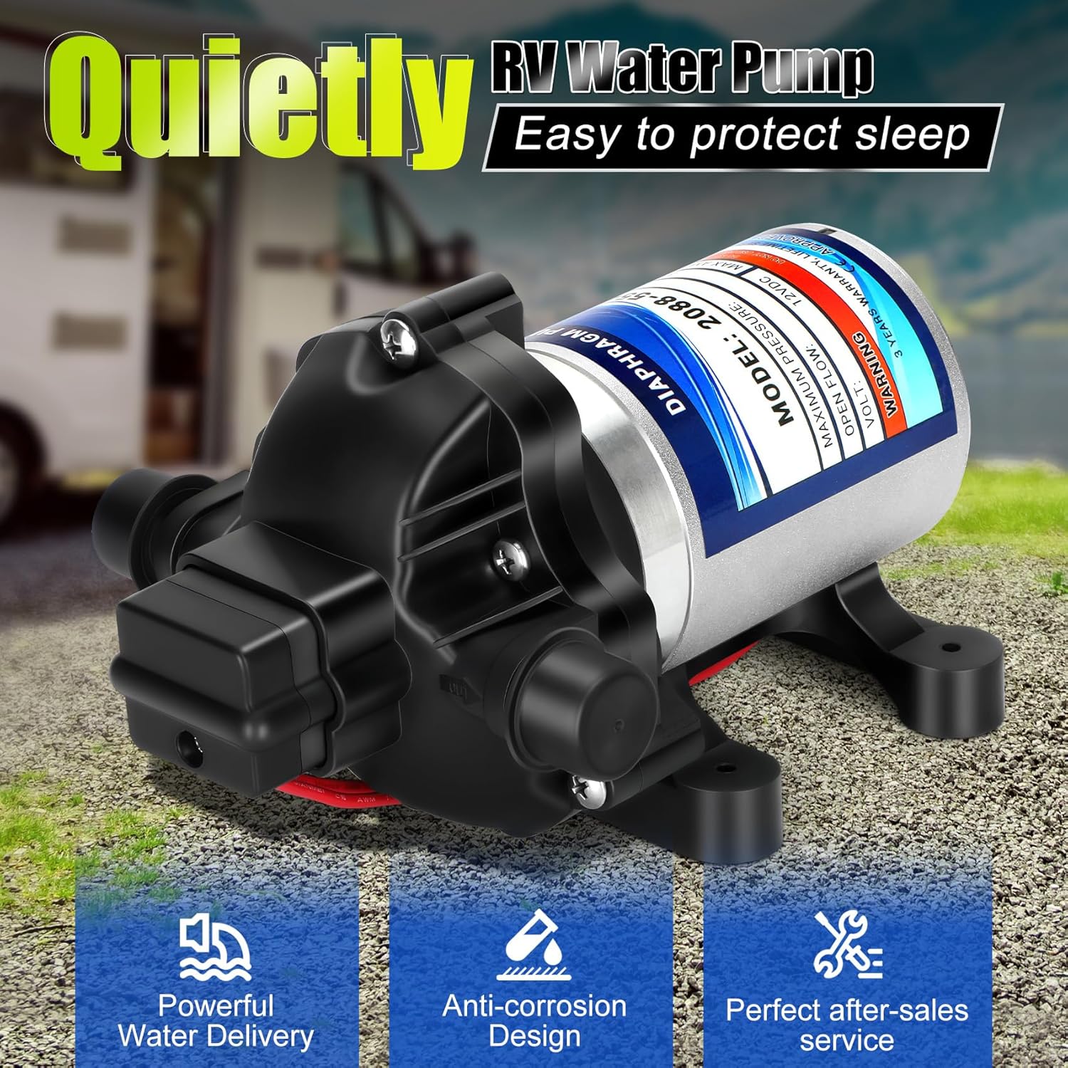 High-End RV 2088-554-144/2088-403-144 Fresh Water Pump,12v Diaphragm pump,12v 3.5 Gallons per Minute,45 psi,1/2 npt Connection,No Noise,Includes Detachable Filters!