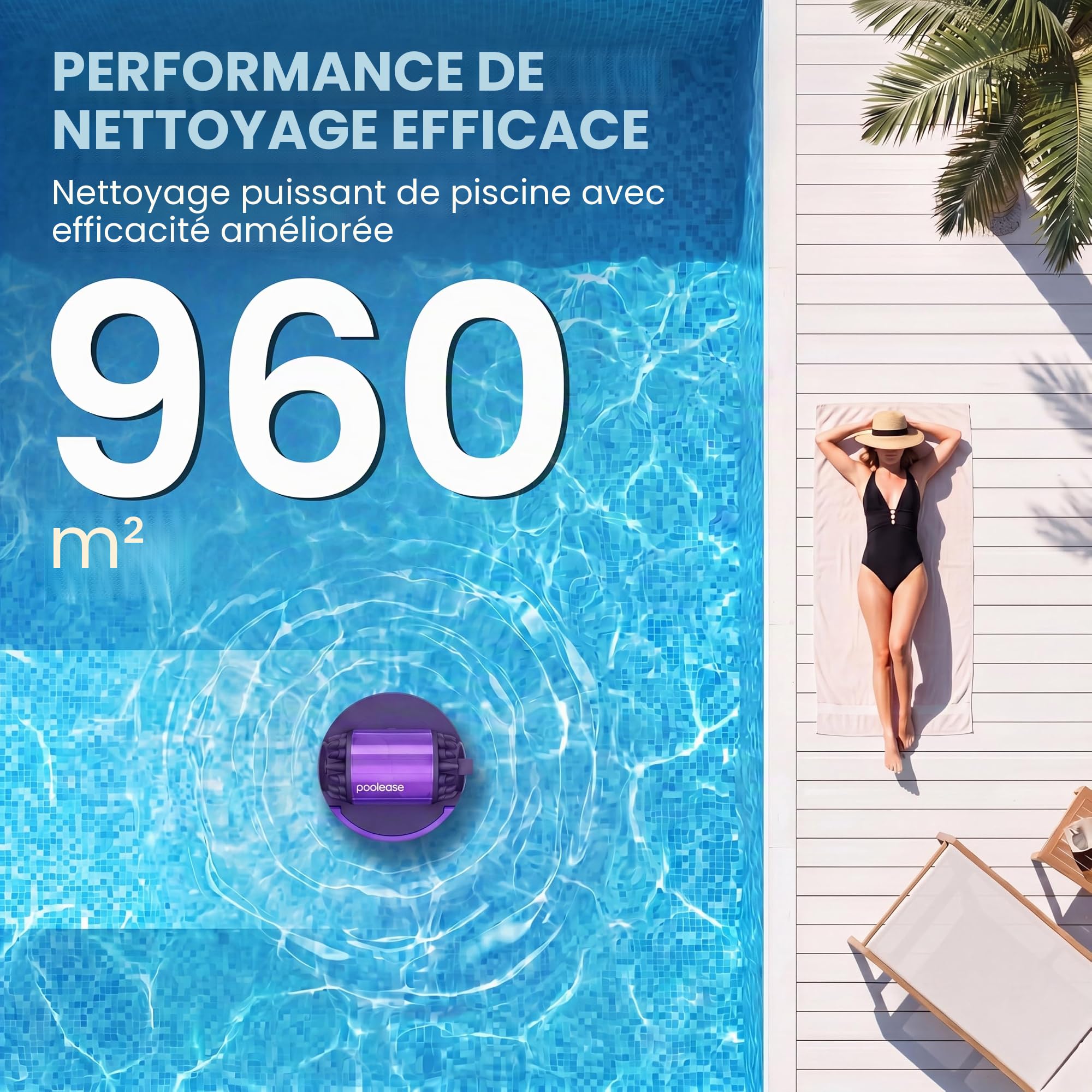 Robot De Piscine sans Fil À Double Moteur & Double Filtration, 100 Min D’Autonomie, Charge Rapide en 2,5H, Aspiration Puissante, Nettoyeur Automatique Adapté Aux Piscines À Fond Plat Jusqu’à 90 M² | Robot nettoyeur de piscine 100 min d'autonomie, avec deu