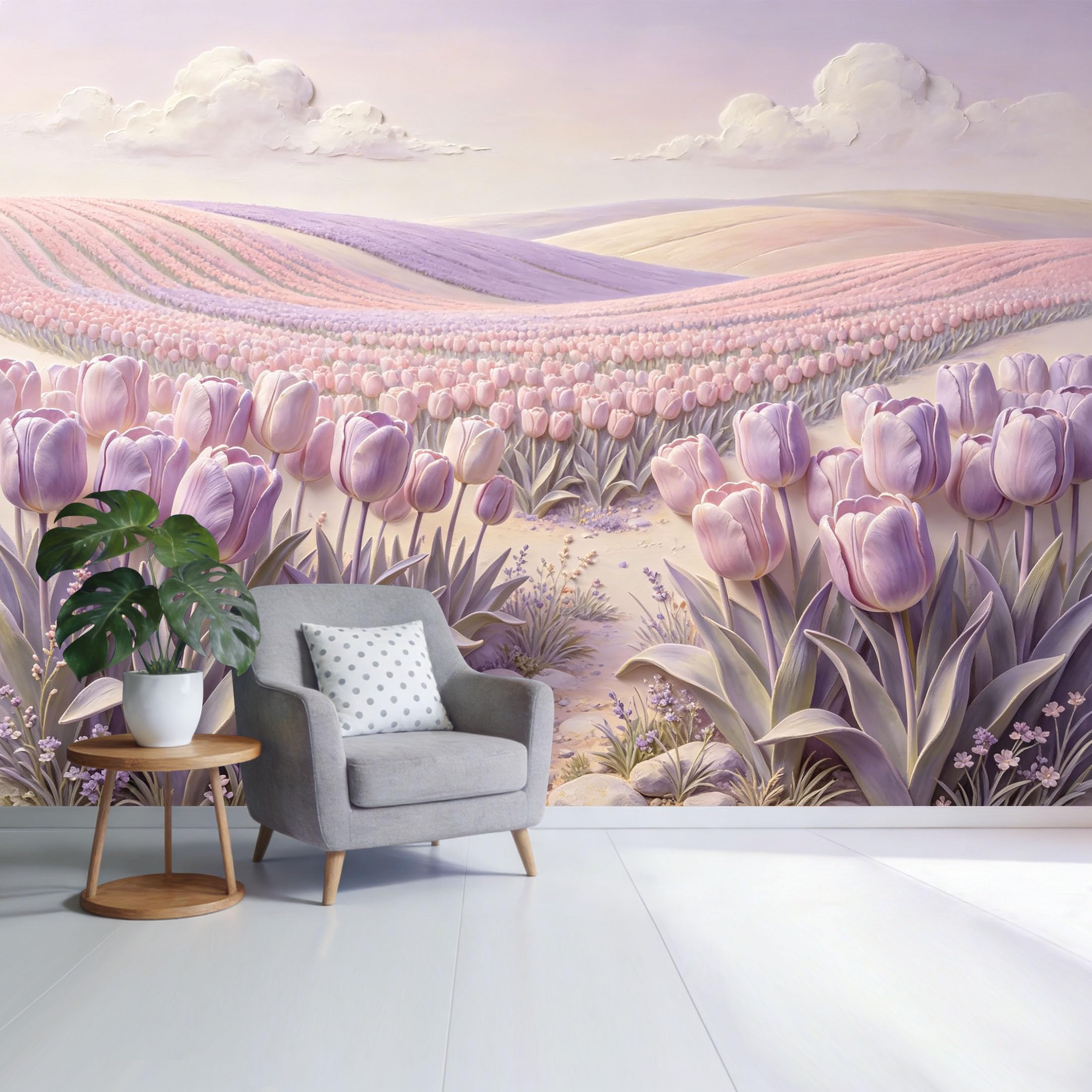 Custom Size Wall Mural Lavender Pink Tulip Field Landscape Pastel Botanical Watercolor Style SelfAdhesive Wall Fabric Removable Wallpaper for Home Office Decor