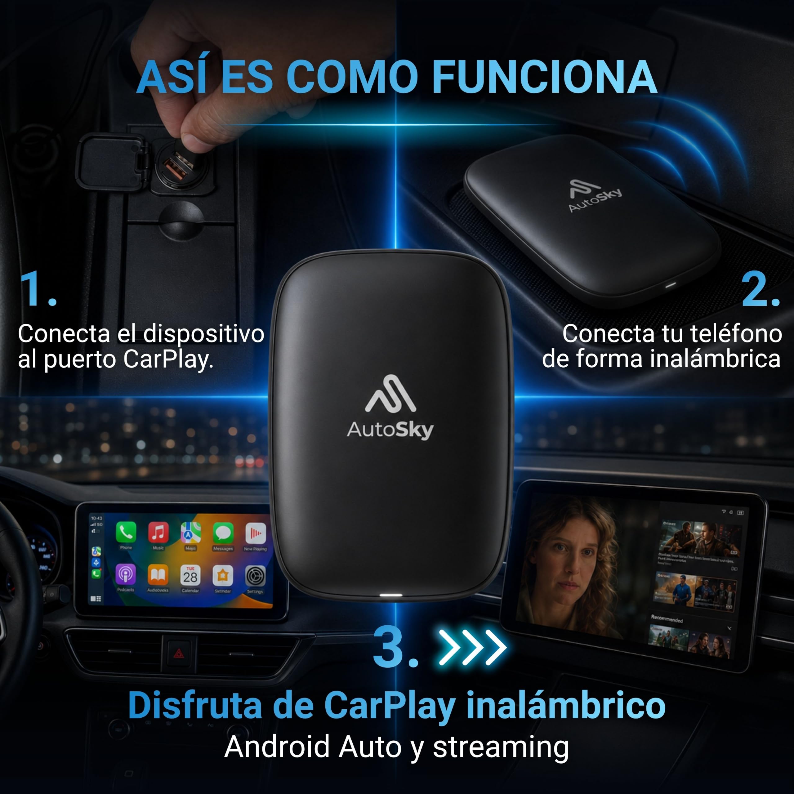 AutoSky Ai Box Lite Air - Streaming on The Go, Netflix y Youtube en tu Coche. Convierte tu CarPlay con Cable en CarPlay inalámbrico o Android Auto
