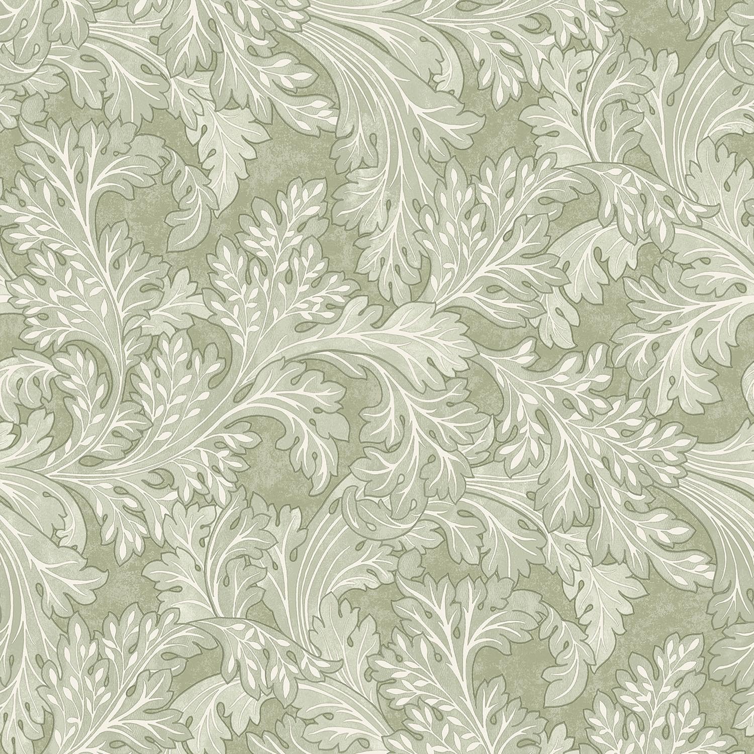 Yöl Sage Green Botanical Scroll Wallpaper - Floral Leaves Naturistic Classic Traditional - Trendy Stylish Feature Wall