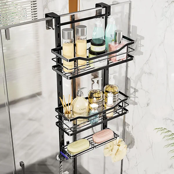 SWTYMIKI Over the Door Shower Caddy - 3 Tier Adjustable Shower Organizer Hanging with Soap Holder, No Drilling Stainless Steel Bathroom Rack Hanging for Body Wash, Shampoo, Soap, Razor, Black