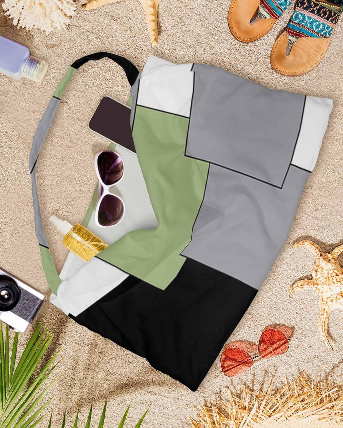 Middle Century Beach Pool Patio Lounge Chaise Chair Cover Towel With Pockets,Absorbent & Quick Dry Microfiber Towel Cover Bag Summer Accessories Green Grey White Abstract Patchwork Color Art
