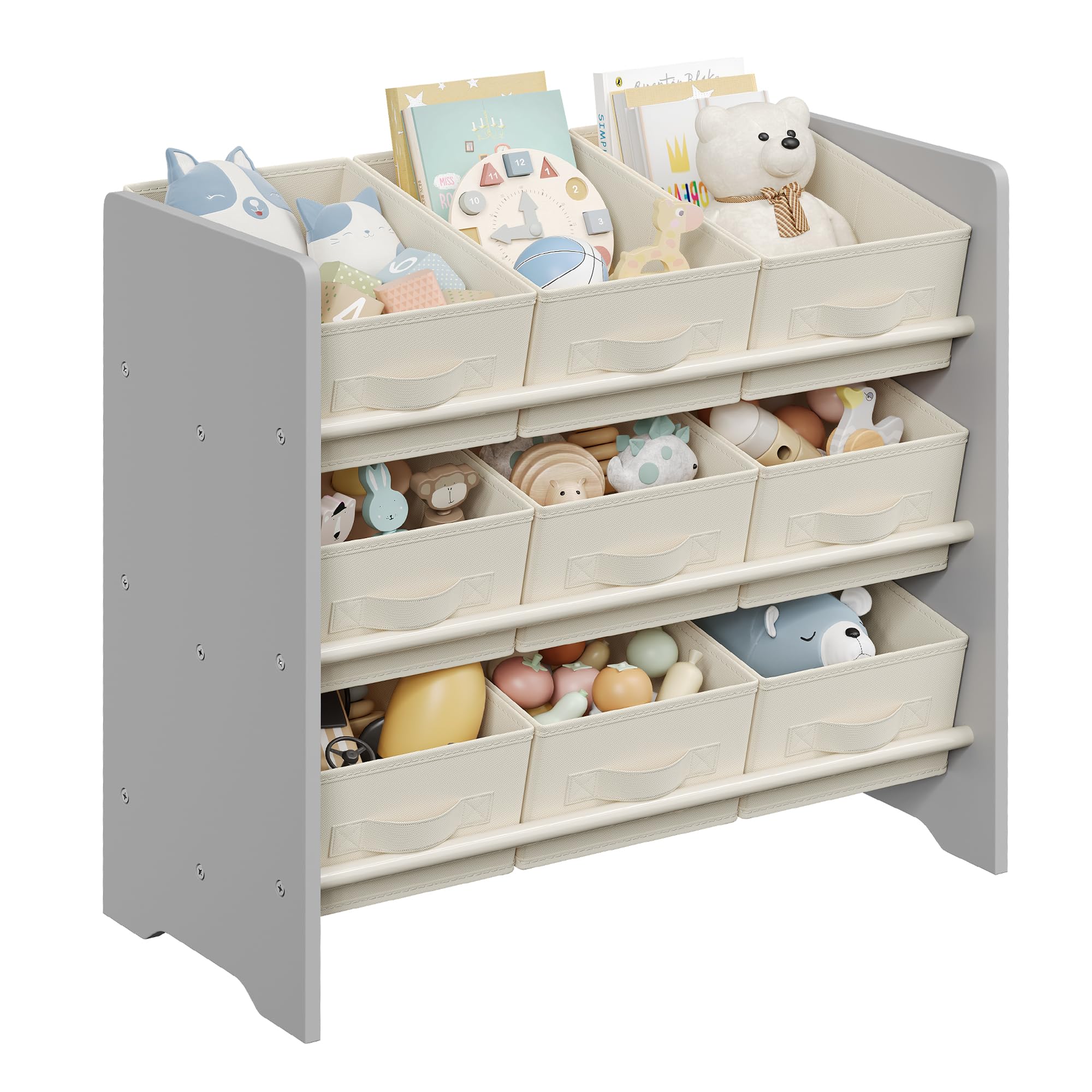 SONGMICS Scaffale per Bambini, Scaffale per Giocattoli, Libreria per Bambini, con 9 Contenitori in Tessuto Non Tessuto, per Camera dei Bambini, Spazioso, 29,5 x 62,5 x 60 cm, Grigio Tortora GKR033G10