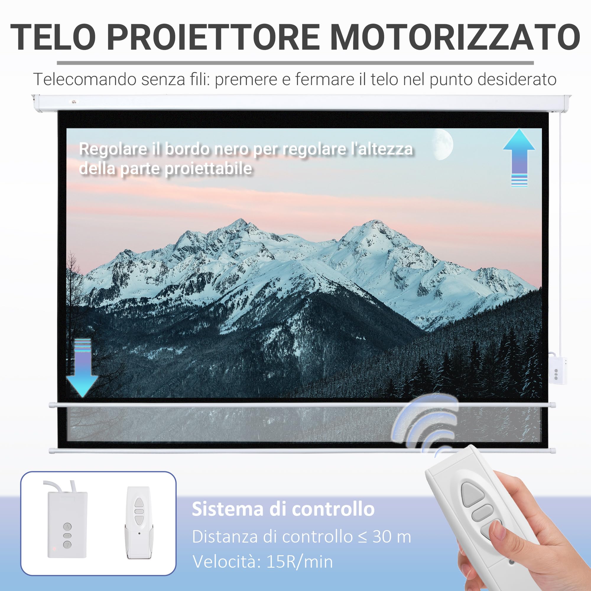 HOMCOM Telo Proiettore Motorizzato da 100 Pollici 4K HD Formato 16:9, Schermo Proiettore Motorizzato Elettrico con Telecomando, per Casa, Cinema, Ufficio, Home, Esterno, 247x7.5x168 cm, Bianco