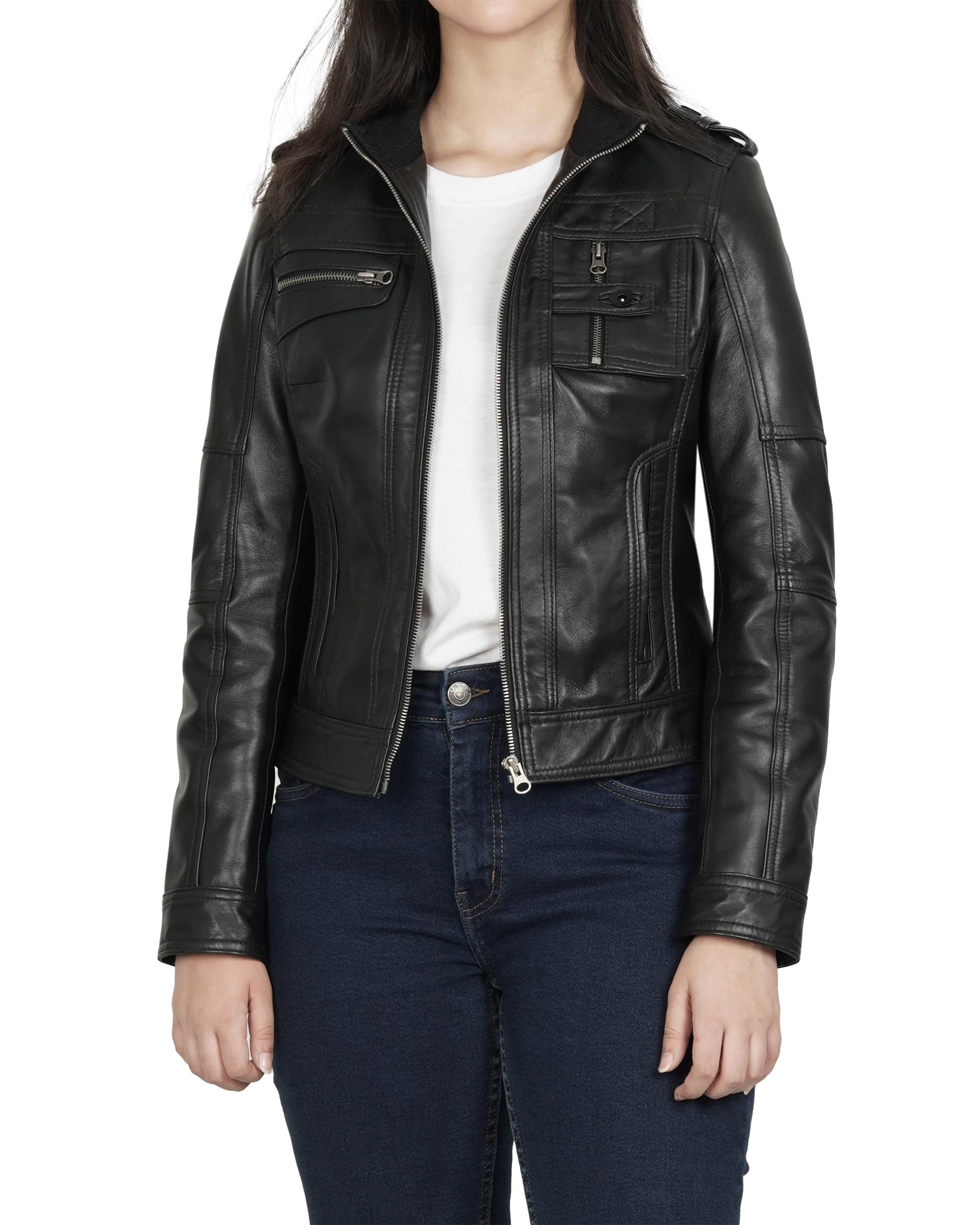 fjackets Women’s Real Lambskin Leather Blazer – Classic 2 Button Notched Lapel Workwear Leather Jacket Women
