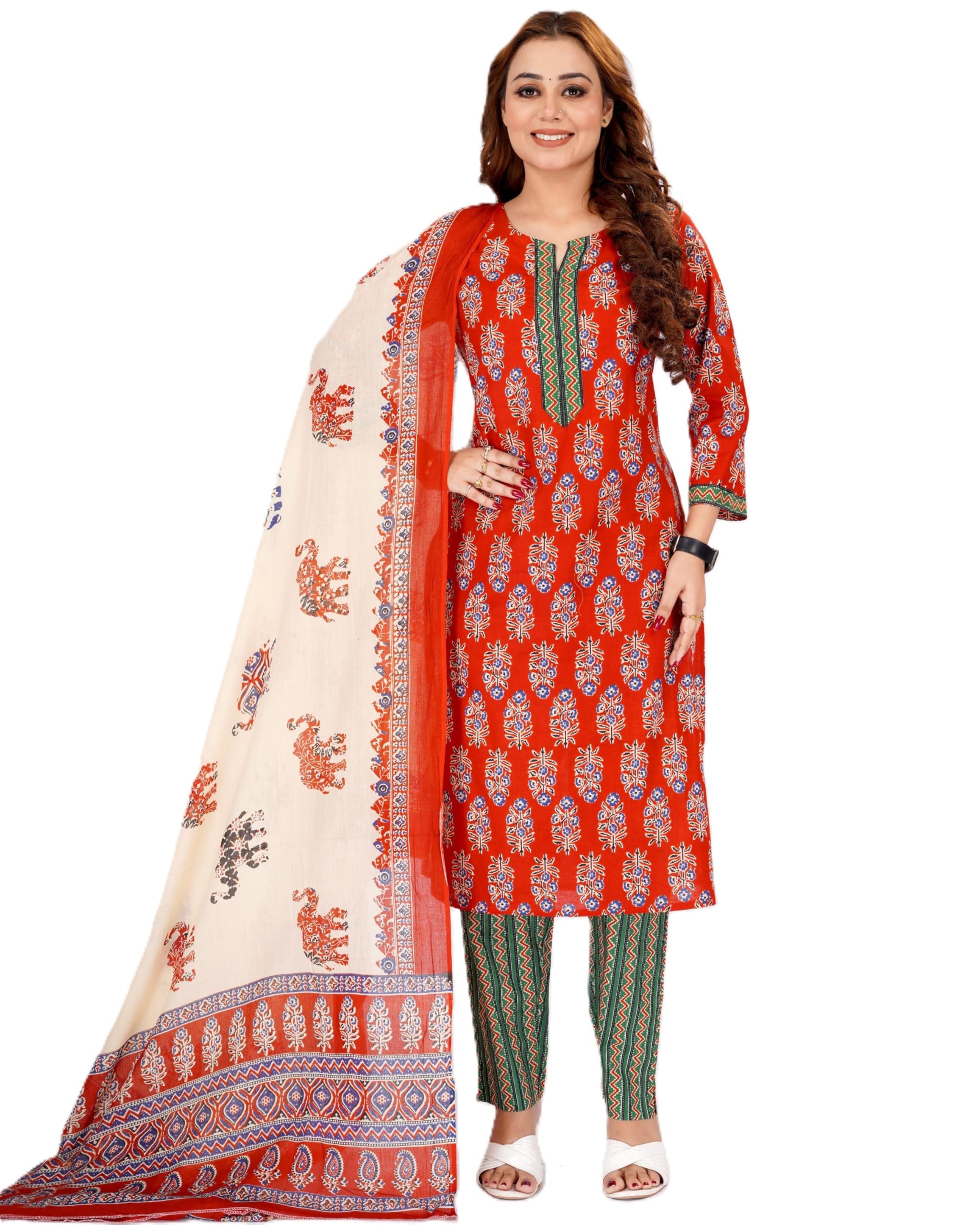 robolox Women's Relex Fit Printed Cotton Jaipuri Batik Floral Salwar Suit with Chunari and Side Pocket Pants for Casual, Daily & Work Wear-picture-45