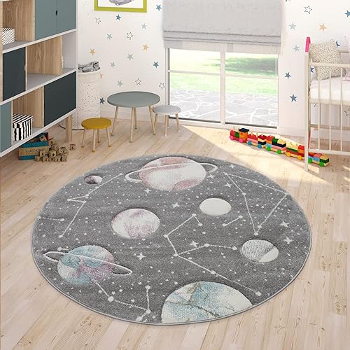 Paco Home Alfombra infantil con diseño de galaxia espacial para guardería, planetas y estrellas en gris, tamaño 6 pies 7 pulgadas, redonda