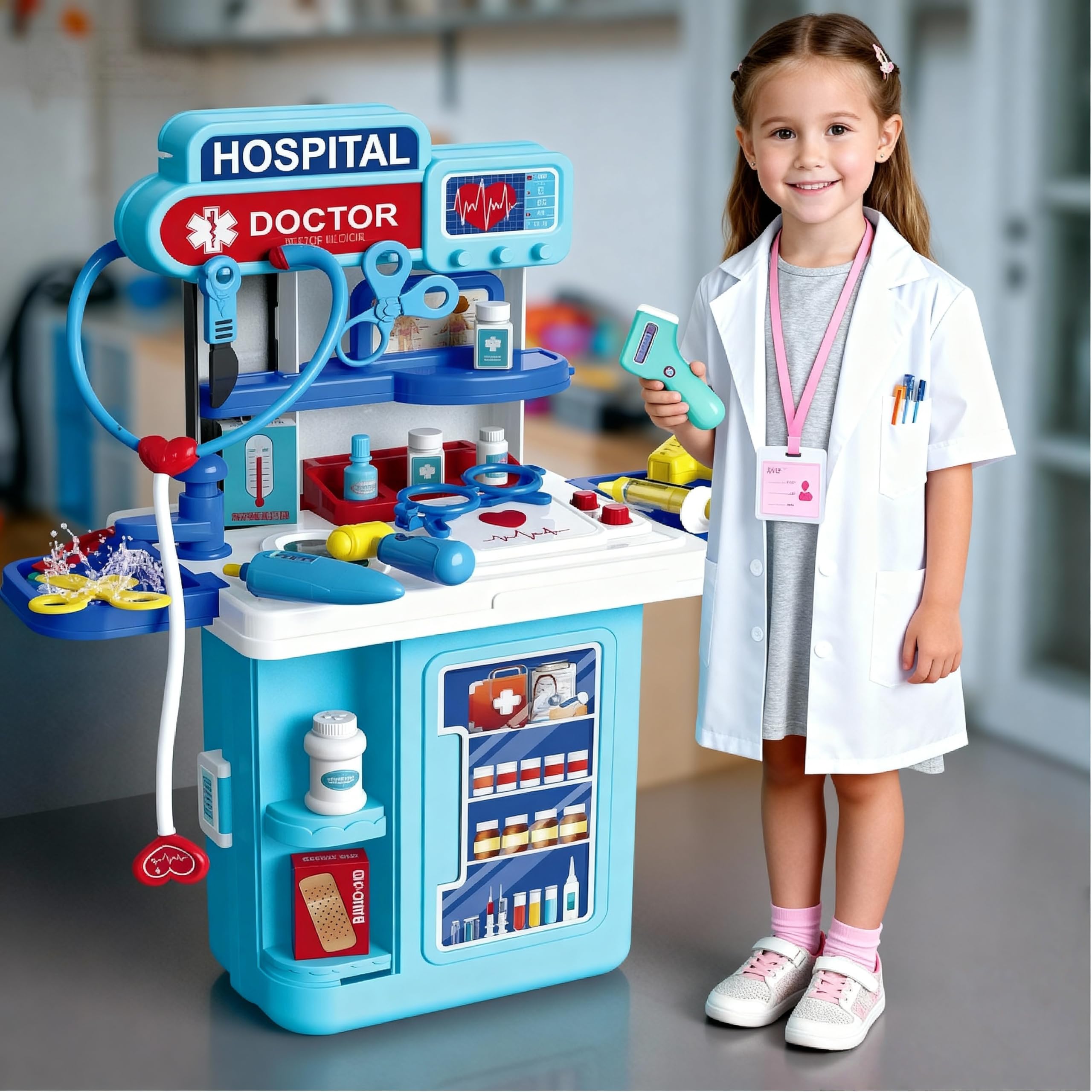 Serena & Jewel - Kit medico per stazione medica di simulazione per bambini, set 2 in 1, kit medico con tavolo e carrello
