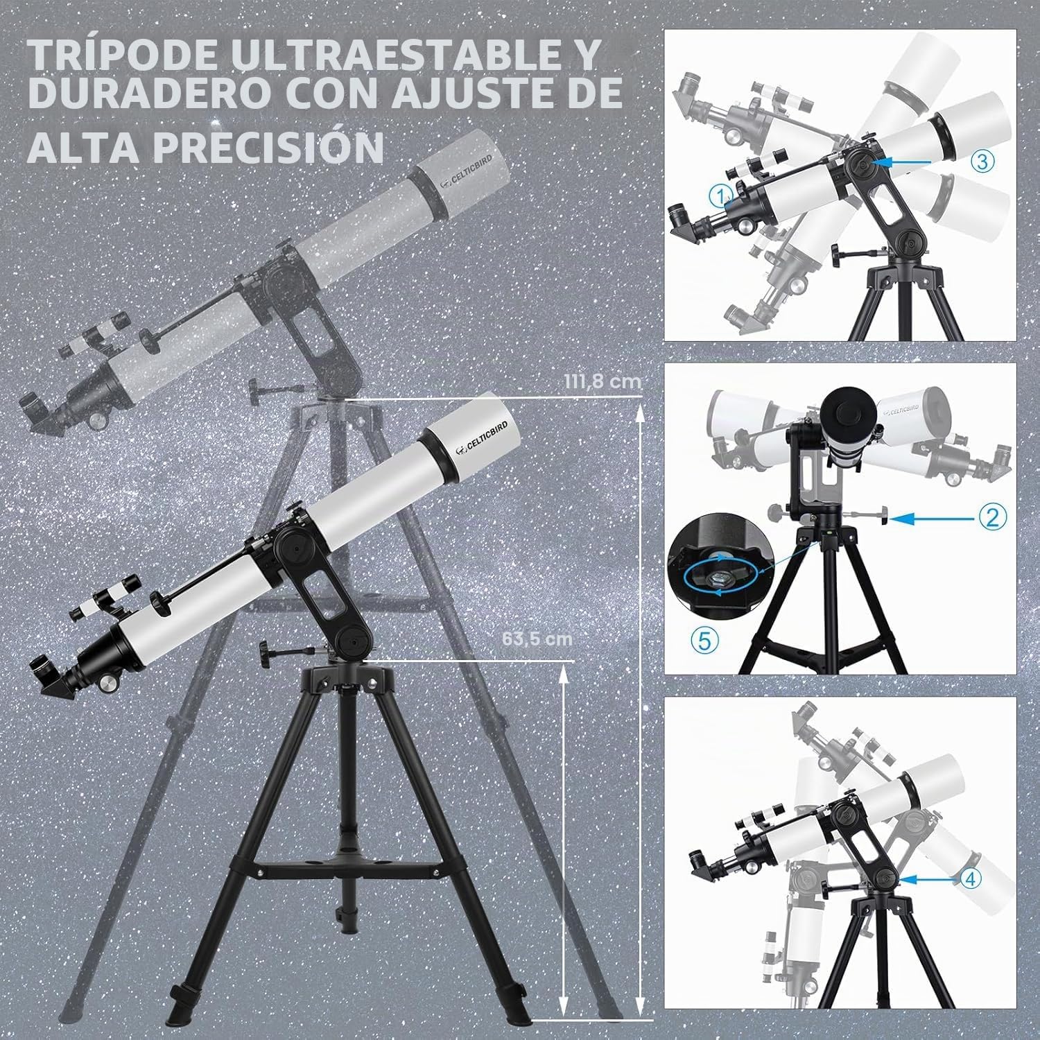 Celticbird Telescopico 90mm Apertura 1000mm Refractor para Adultos astronomía Principiantes niños con Ajuste de Alta precisión