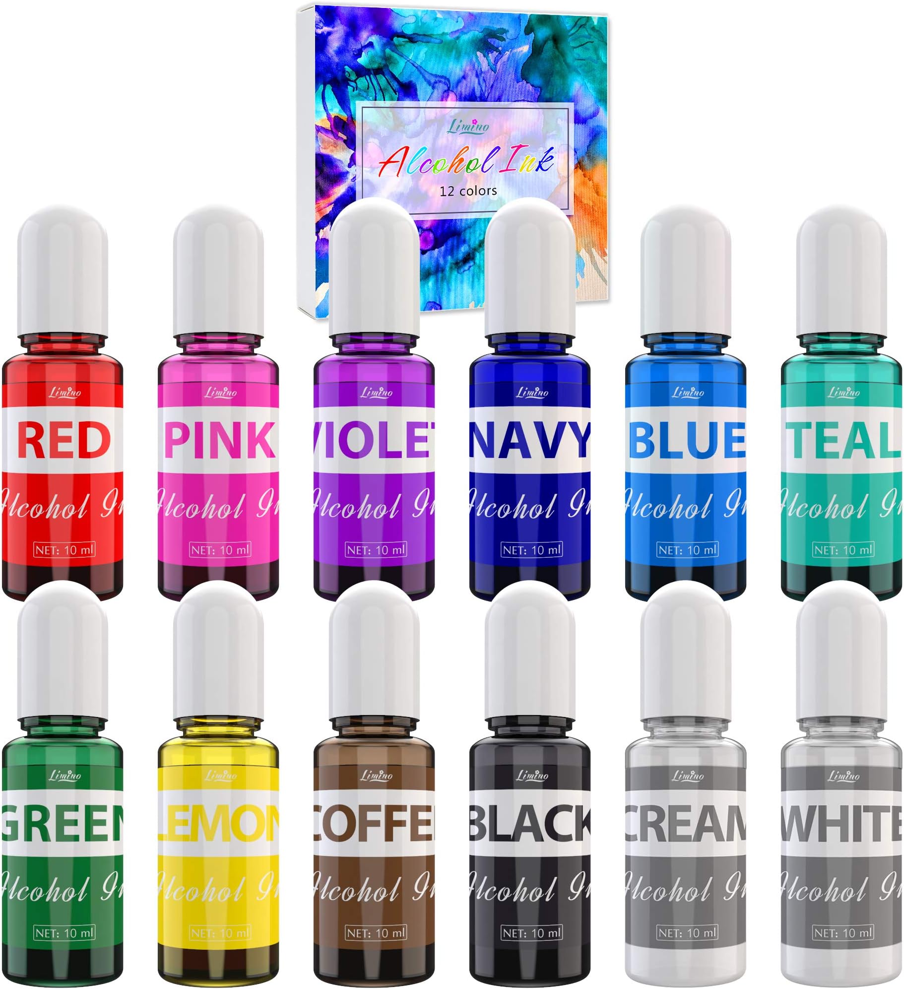 Alcohol Ink Set - 12 Colours Alcohol Based Ink for Epoxy Resin Painting, Epoxy Petri Dish Making, Resin Art - Concentrated Paint Color Dye for Coaster, Yupo, Tumbler Making - 10ml Each