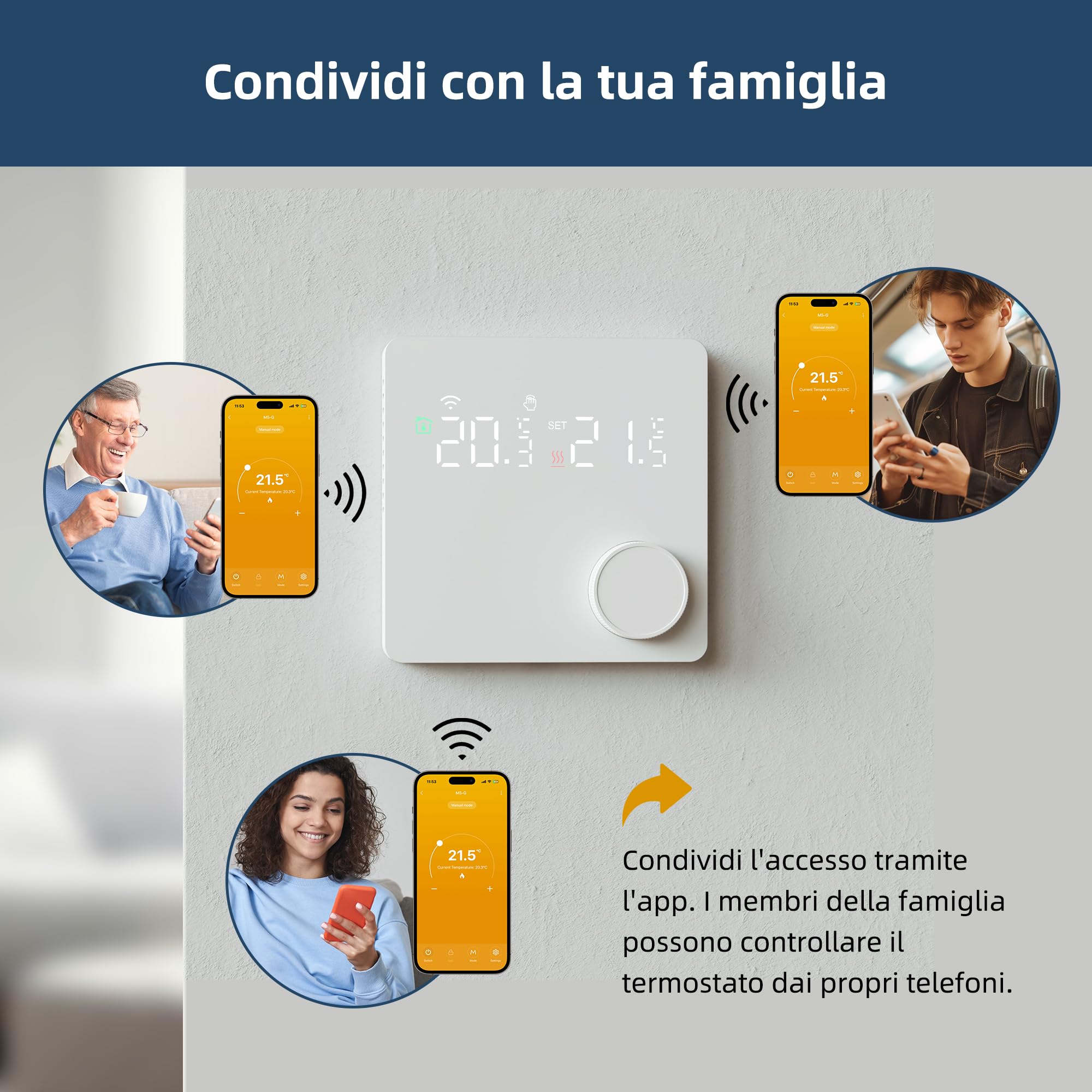 Termostato Wi-Fi programmabile con contatti a secco per caldaia, 230V