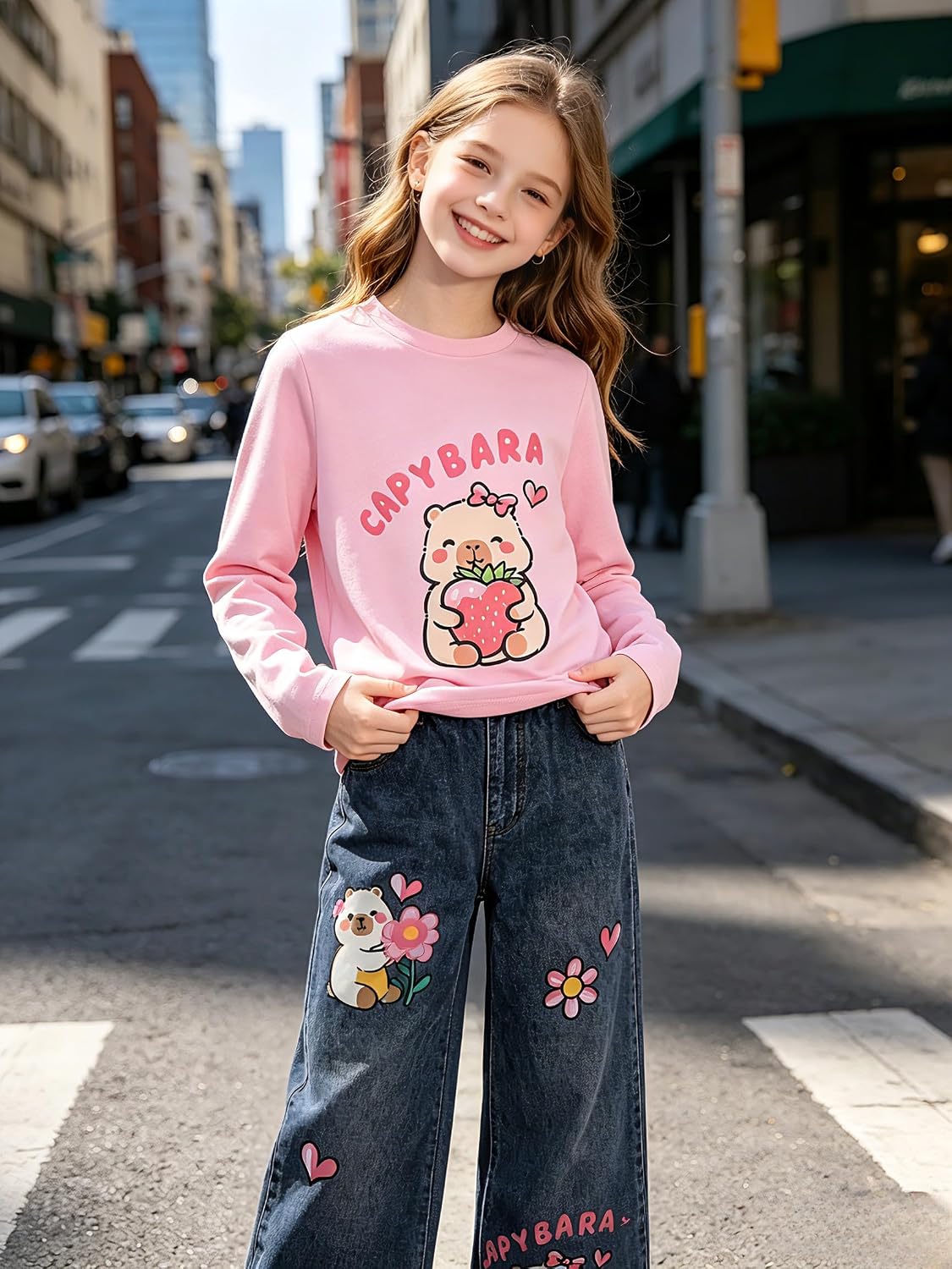 KIDLAGA Girls Clothes 2 Piece Outfits Long Sleeve Top and Capybara Wide Leg Jeans Clothing Sets 7-14 Years