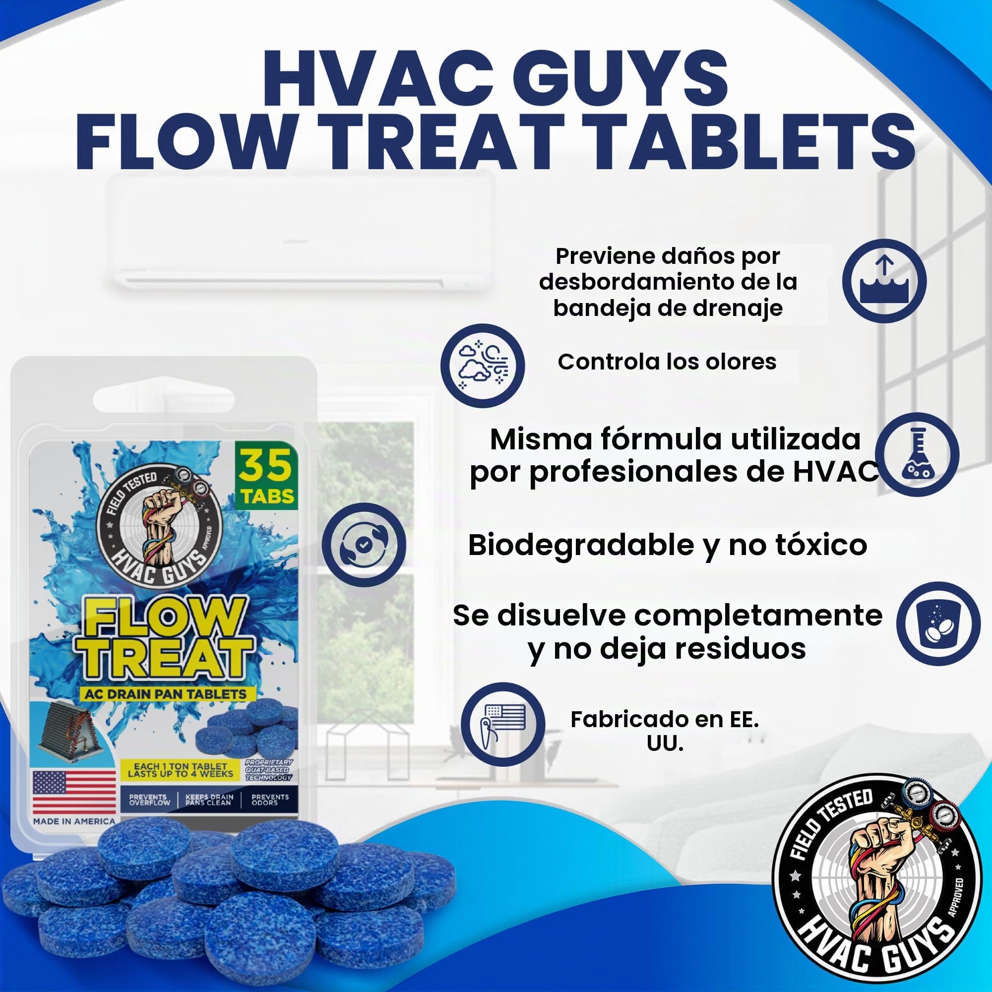 HVAC Guys Pastillas de drenaje de aire acondicionado, 35 unidades, tabletas de tratamiento de flujo evitan olores, mantienen la bandeja de drenaje HVAC limpia, evita el desbordamiento, una tableta