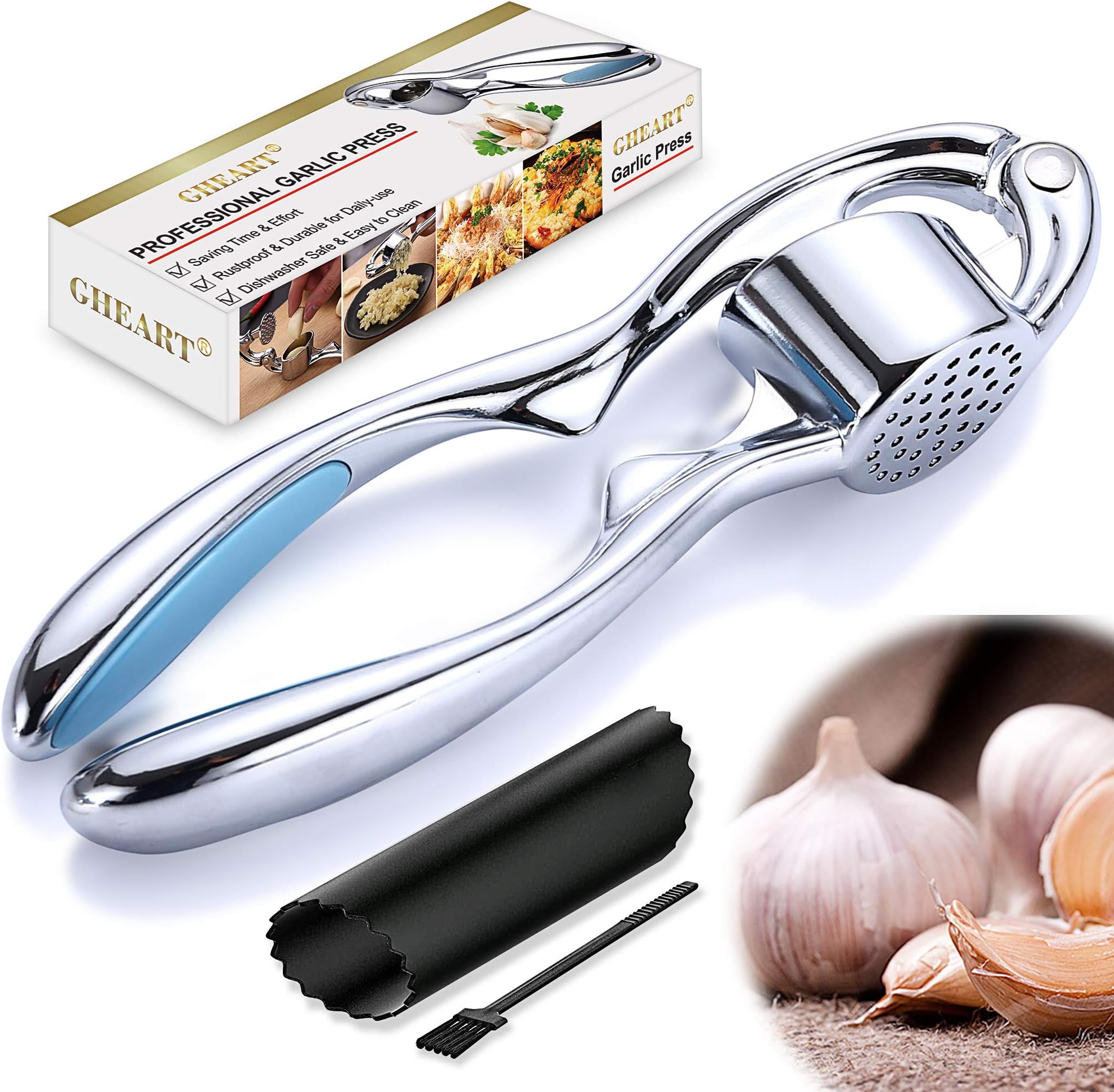 Garlic Mincer & Crusher Garlic Press Garject Ginger Dishwasher Safe Stainless with Silicone Garlic Rocker & Peeler Set Kitchen Utensils Gadgets Garlic and Onion Press Easy Squeeze & Clean Rustproof